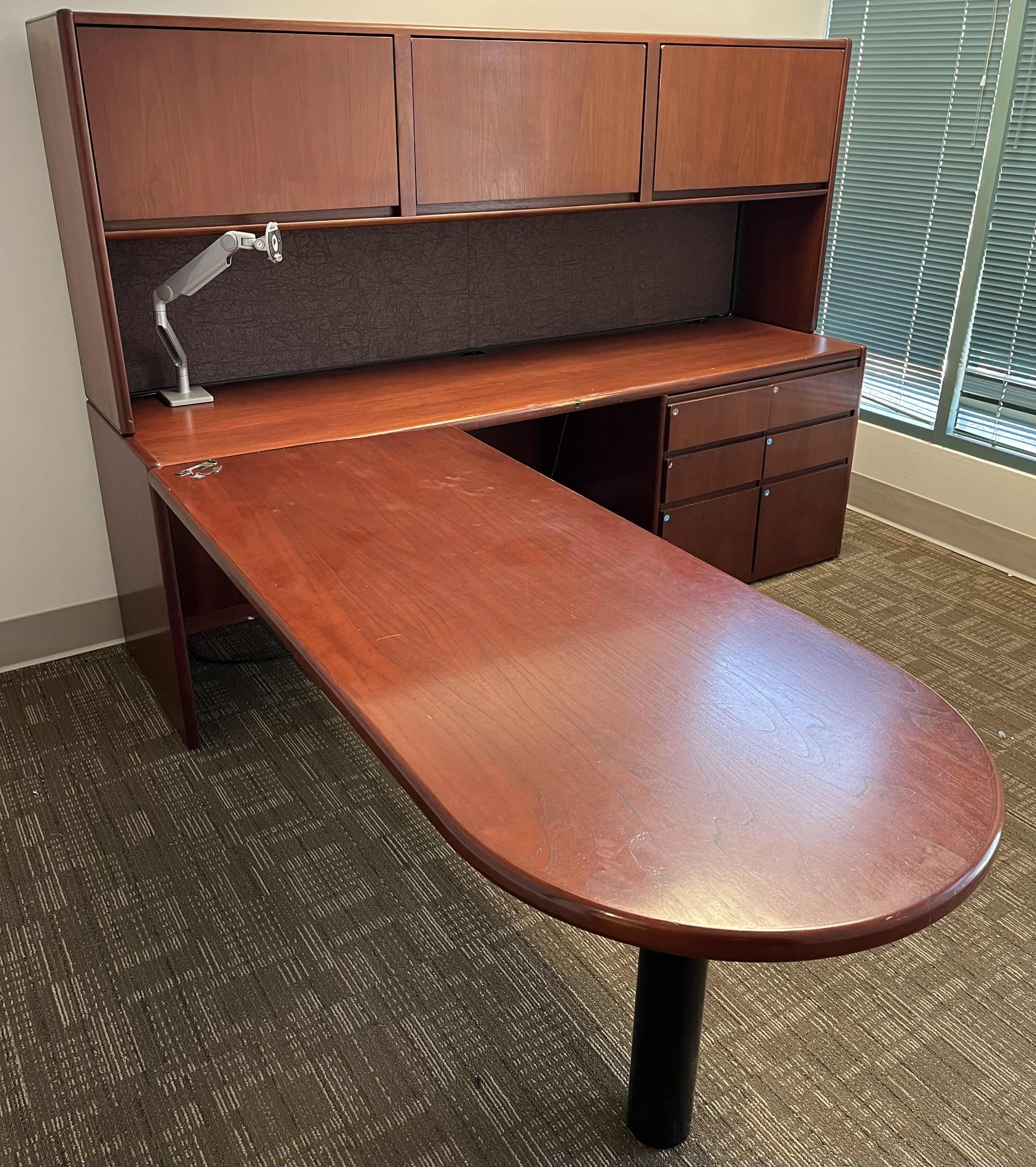 Photo 1 of STEELCASE CHERRY FINISH SOLID WOOD L SHAPE 6 DRAWER OFFICE DESK 90” X 93” H64.5”