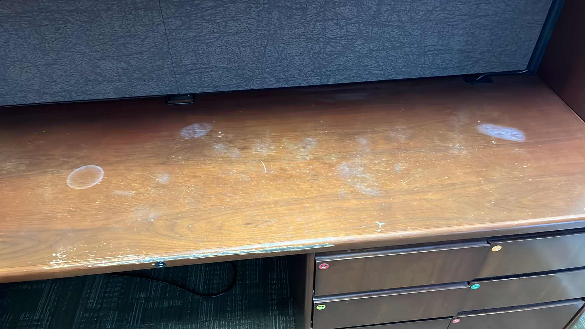 Photo 1 of STEELCASE CHERRY FINISH SOLID WOOD L SHAPE 6 DRAWER OFFICE DESK 90” X 93” H64.5”