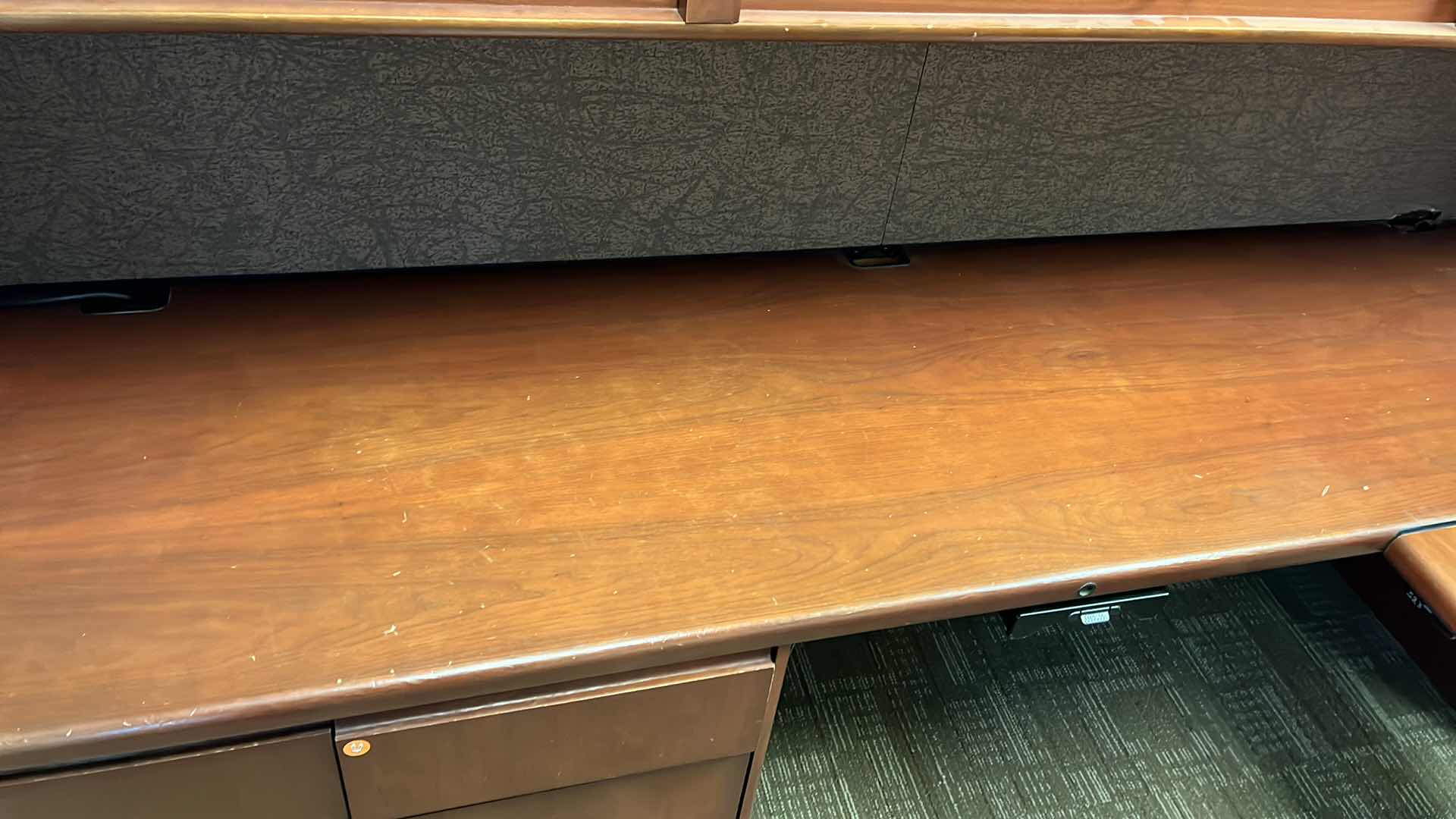 Photo 1 of STEELCASE CHERRY FINISH SOLID WOOD L SHAPE 6 DRAWER OFFICE DESK 90” X 93” H64.5”