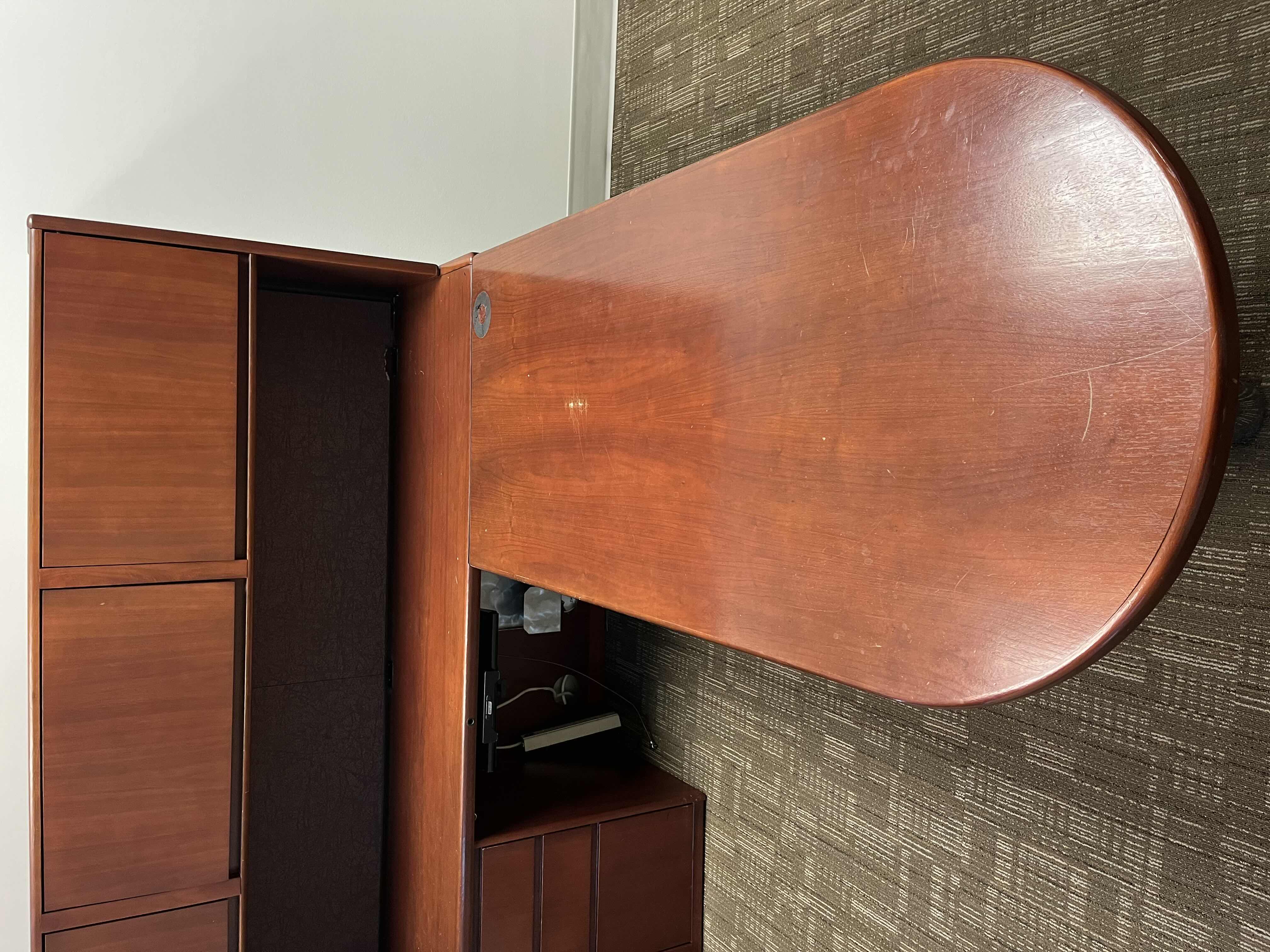 Photo 1 of STEELCASE CHERRY FINISH SOLID WOOD L SHAPE 6 DRAWER OFFICE DESK 90” X 93” H64.5”