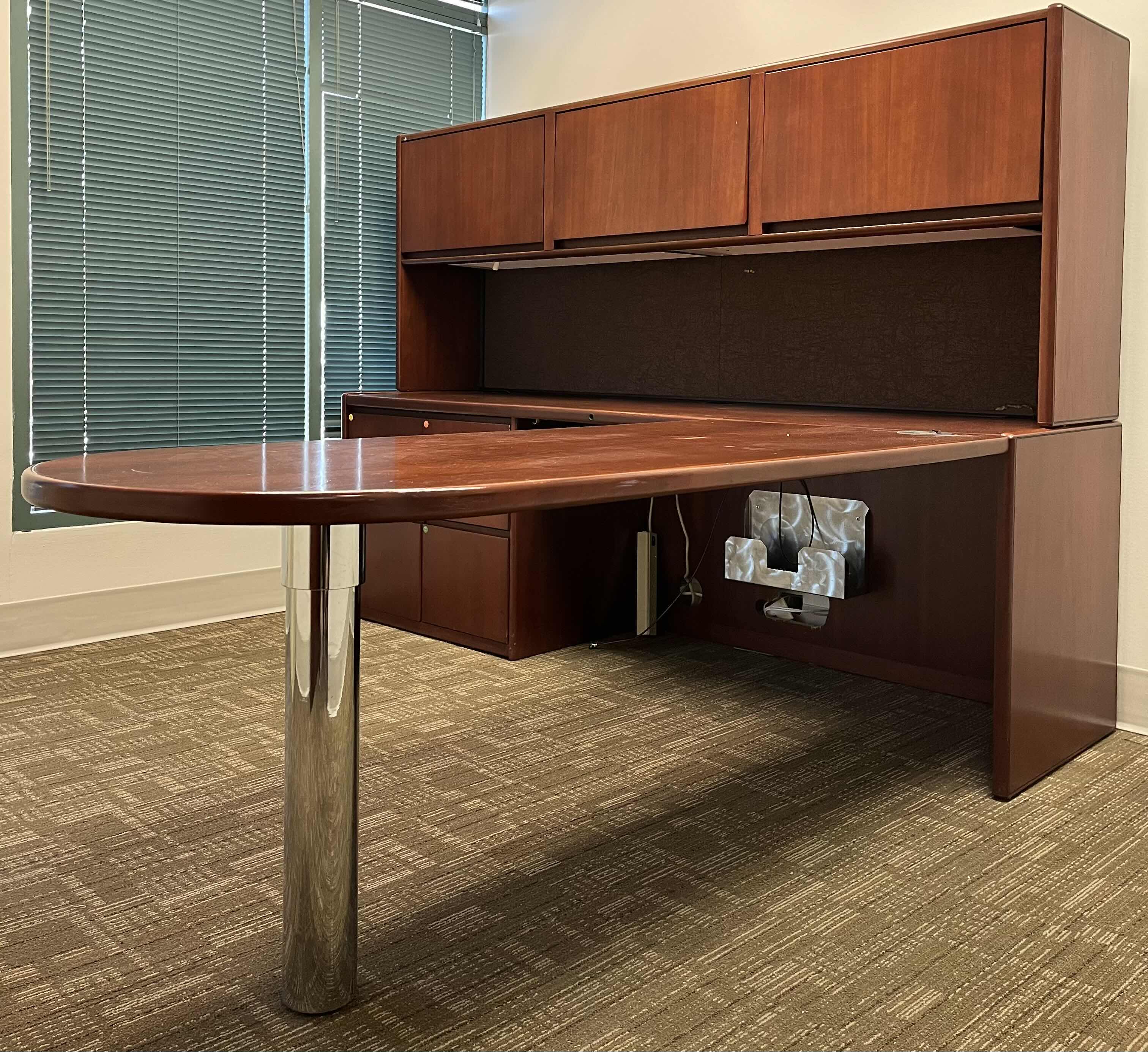 Photo 1 of STEELCASE CHERRY FINISH SOLID WOOD L SHAPE 6 DRAWER OFFICE DESK 90” X 93” H64.5”