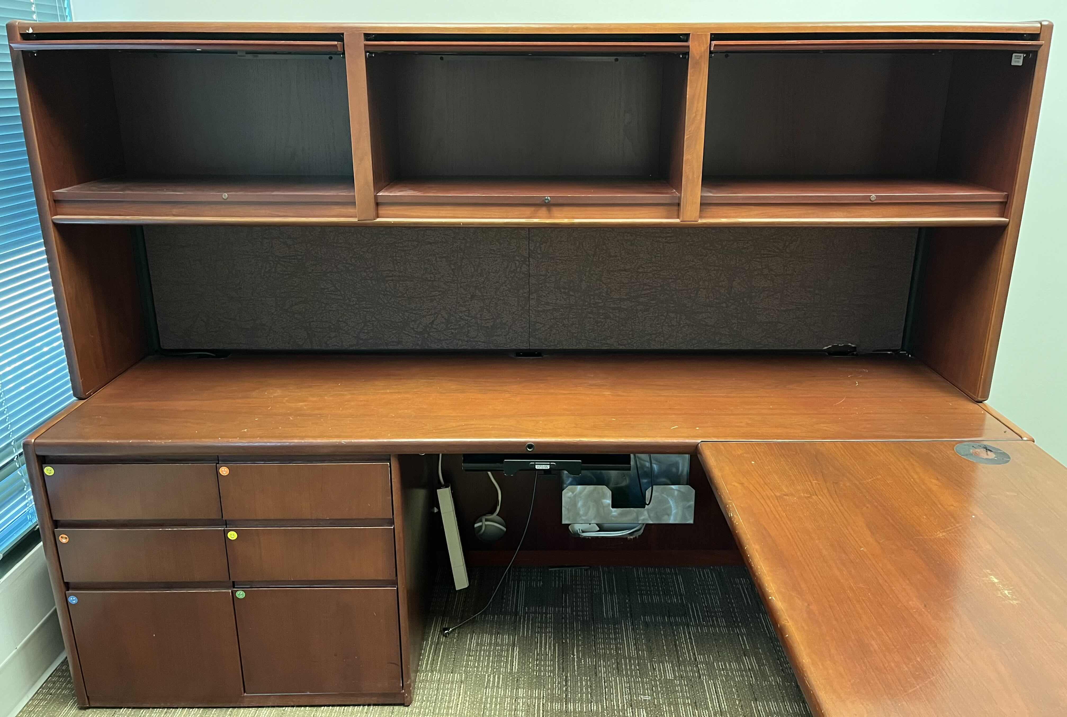 Photo 1 of STEELCASE CHERRY FINISH SOLID WOOD L SHAPE 6 DRAWER OFFICE DESK 90” X 93” H64.5”
