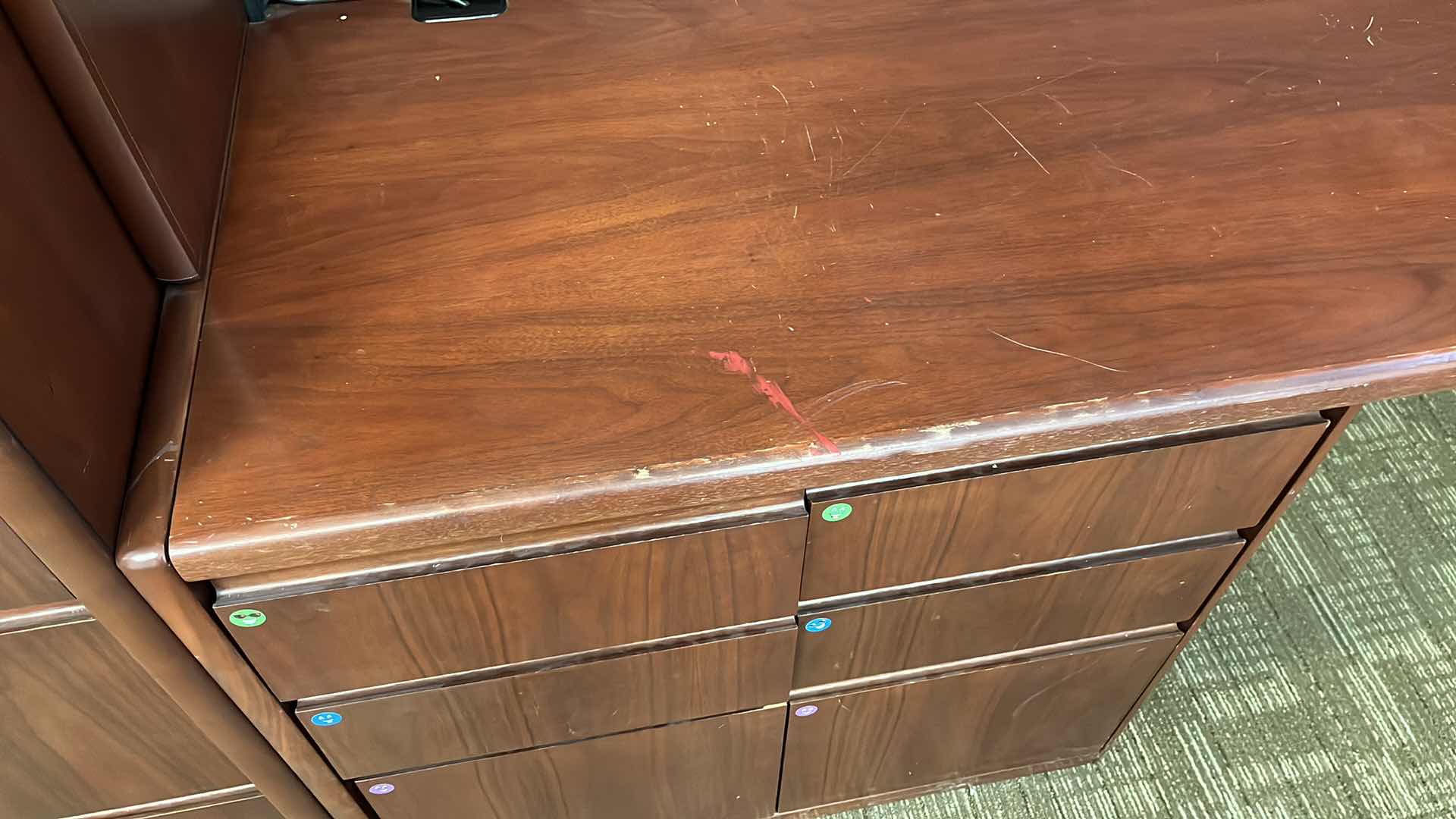 Photo 9 of STEELCASE CHERRY FINISH SOLID WOOD U SHAPE 8 DRAWER OFFICE DESK W BUILT IN CABINET 125” X 105” H64.5”