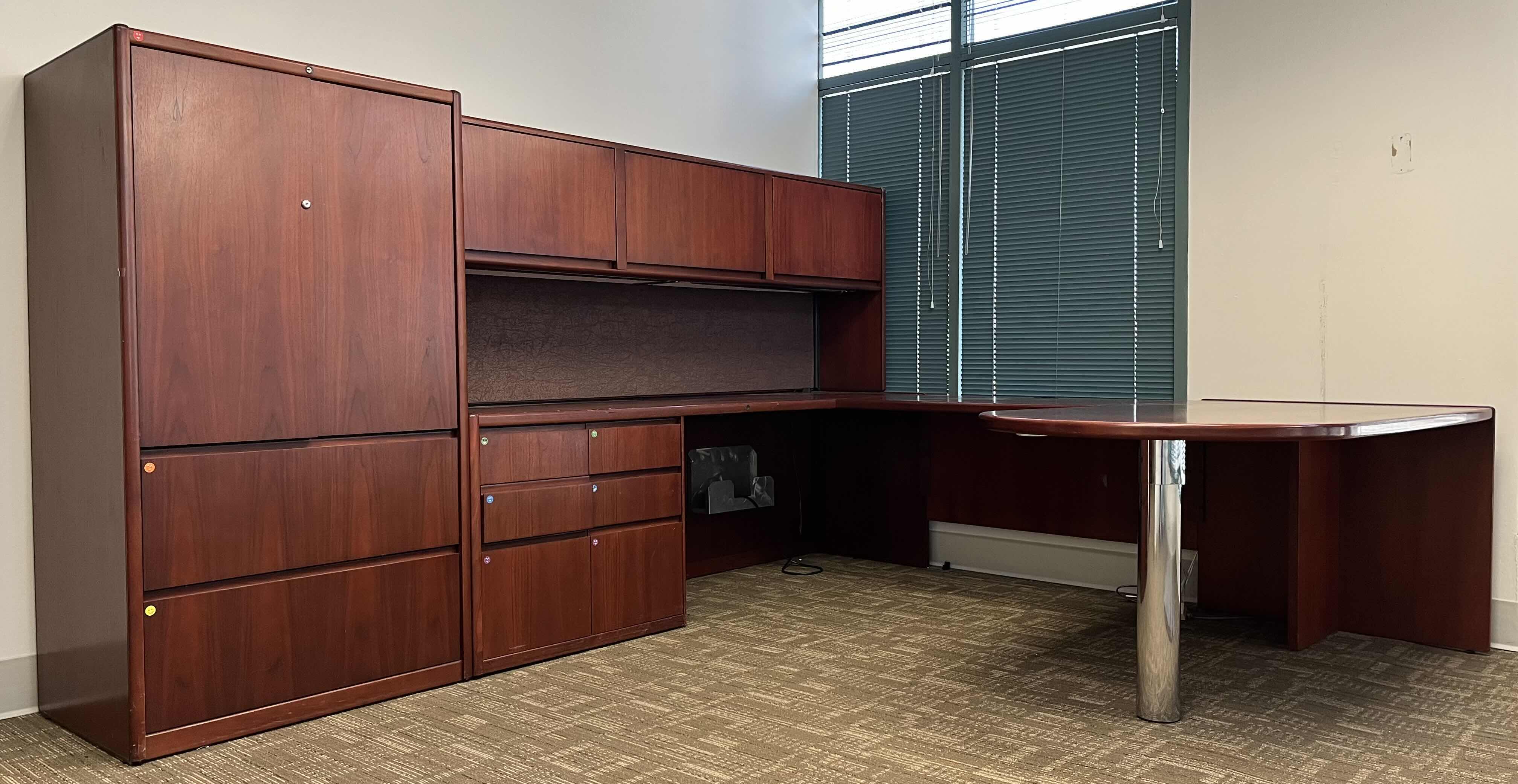 Photo 1 of STEELCASE CHERRY FINISH SOLID WOOD U SHAPE 8 DRAWER OFFICE DESK W BUILT IN CABINET 125” X 105” H64.5”