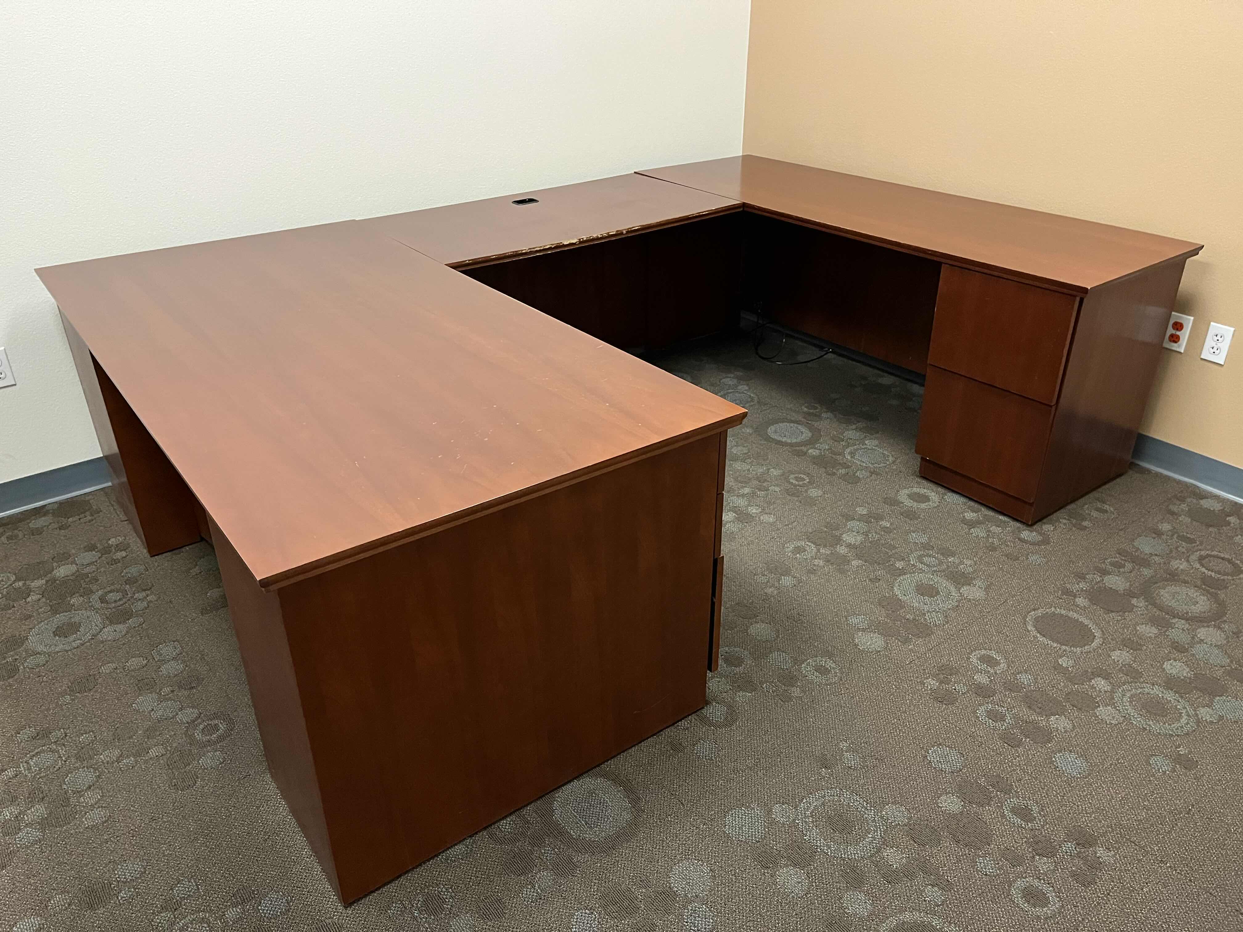 Photo 1 of STEELCASE CHERRY WOOD FINISH U SHAPE 5 DRAWER OFFICE DESK 105.25” X 72” H29”