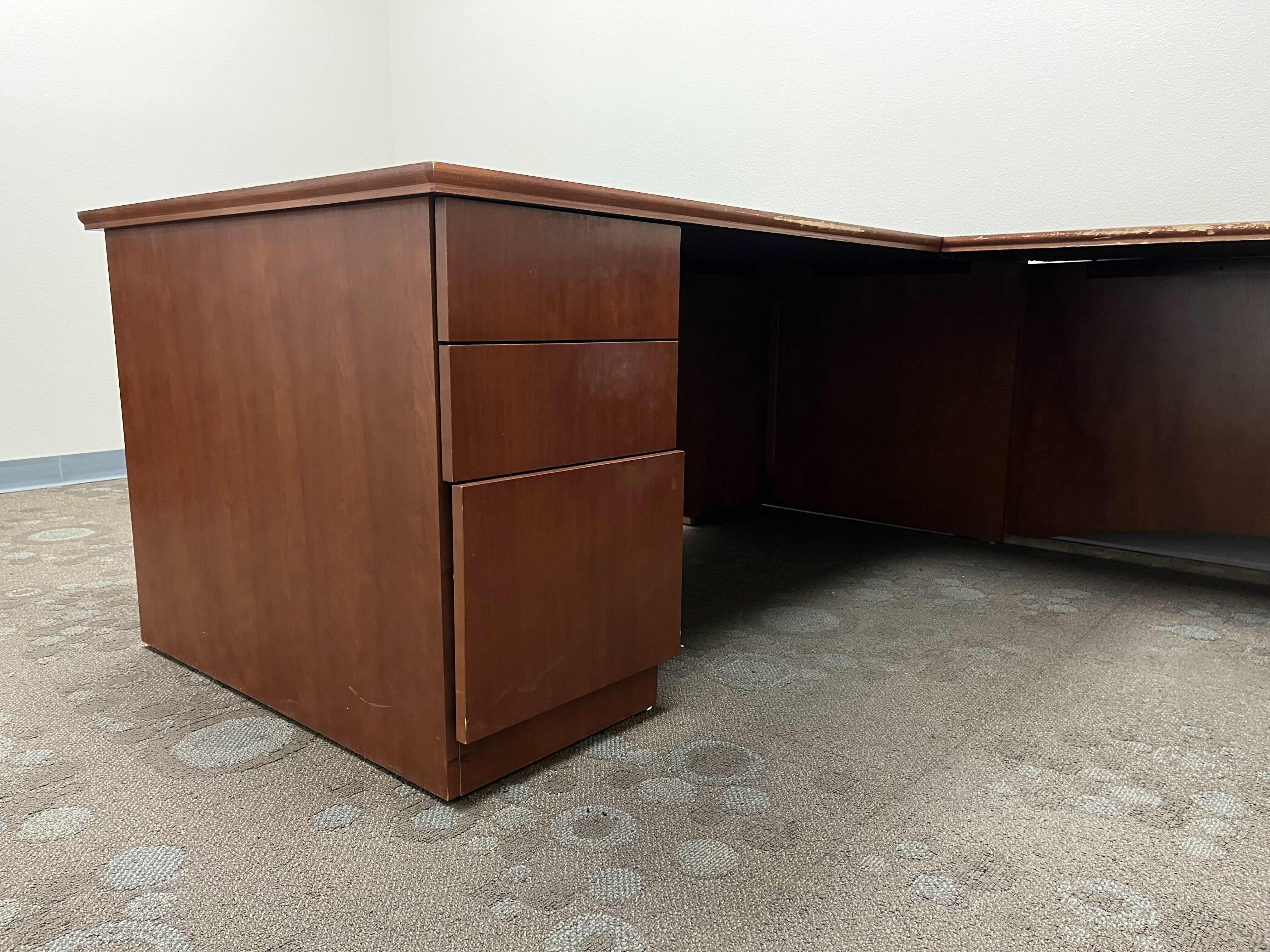 Photo 4 of STEELCASE CHERRY WOOD FINISH U SHAPE 5 DRAWER OFFICE DESK 105.25” X 72” H29”