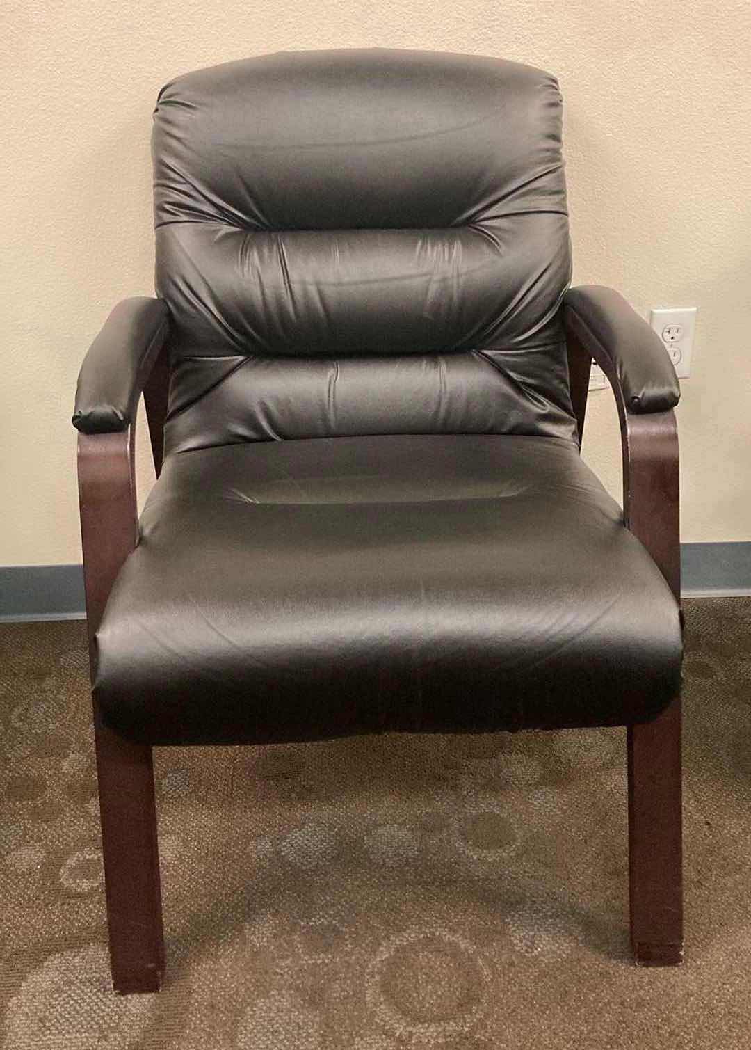 Photo 1 of LA-Z-BOY HORIZON BLACK VINYL CONFERENCE CHAIR W DARK CHERRY WOOD FINISH 24.5” X 26” X34”