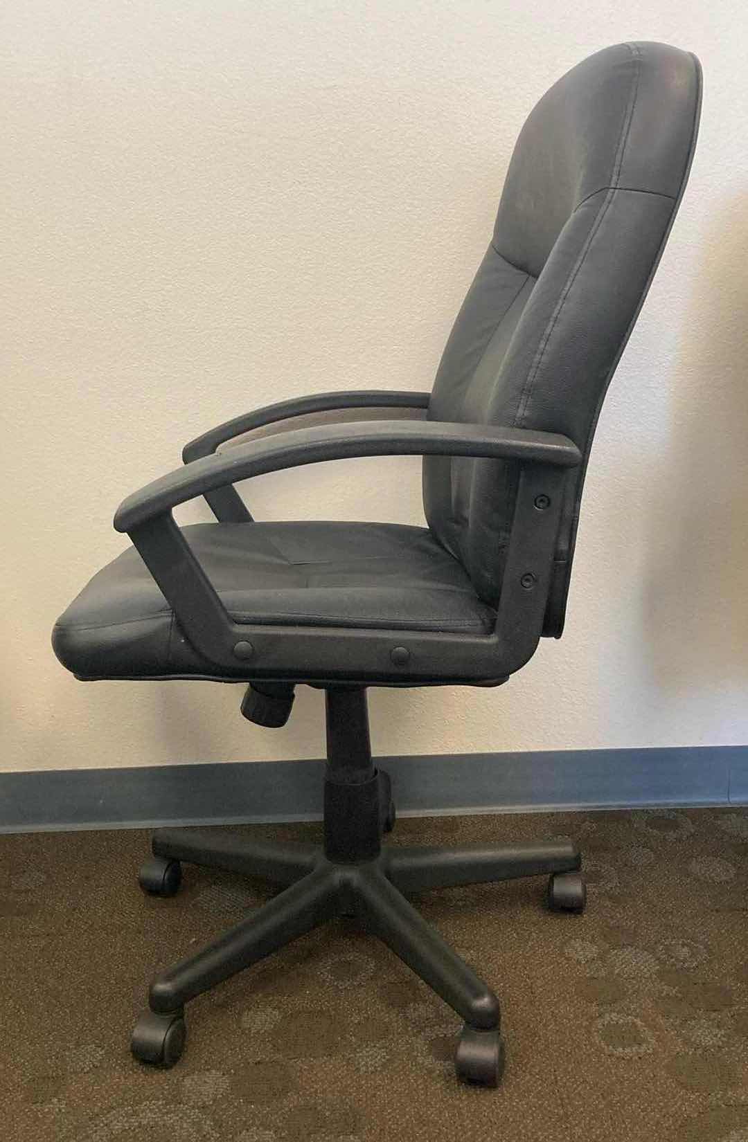 Photo 1 of HON BASYX BLACK LEATHER HIGH BACK SWIVEL OFFICE CHAIR 33.5” X 26” H38-43”