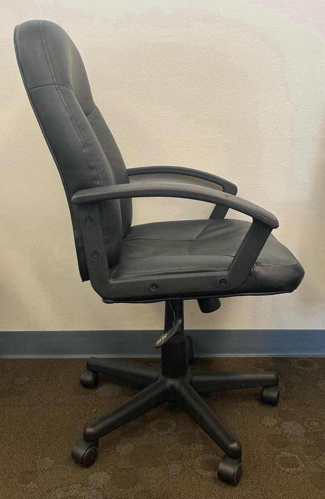 Photo 1 of HON BASYX BLACK LEATHER HIGH BACK SWIVEL OFFICE CHAIR 33.5” X 26” H38-43”