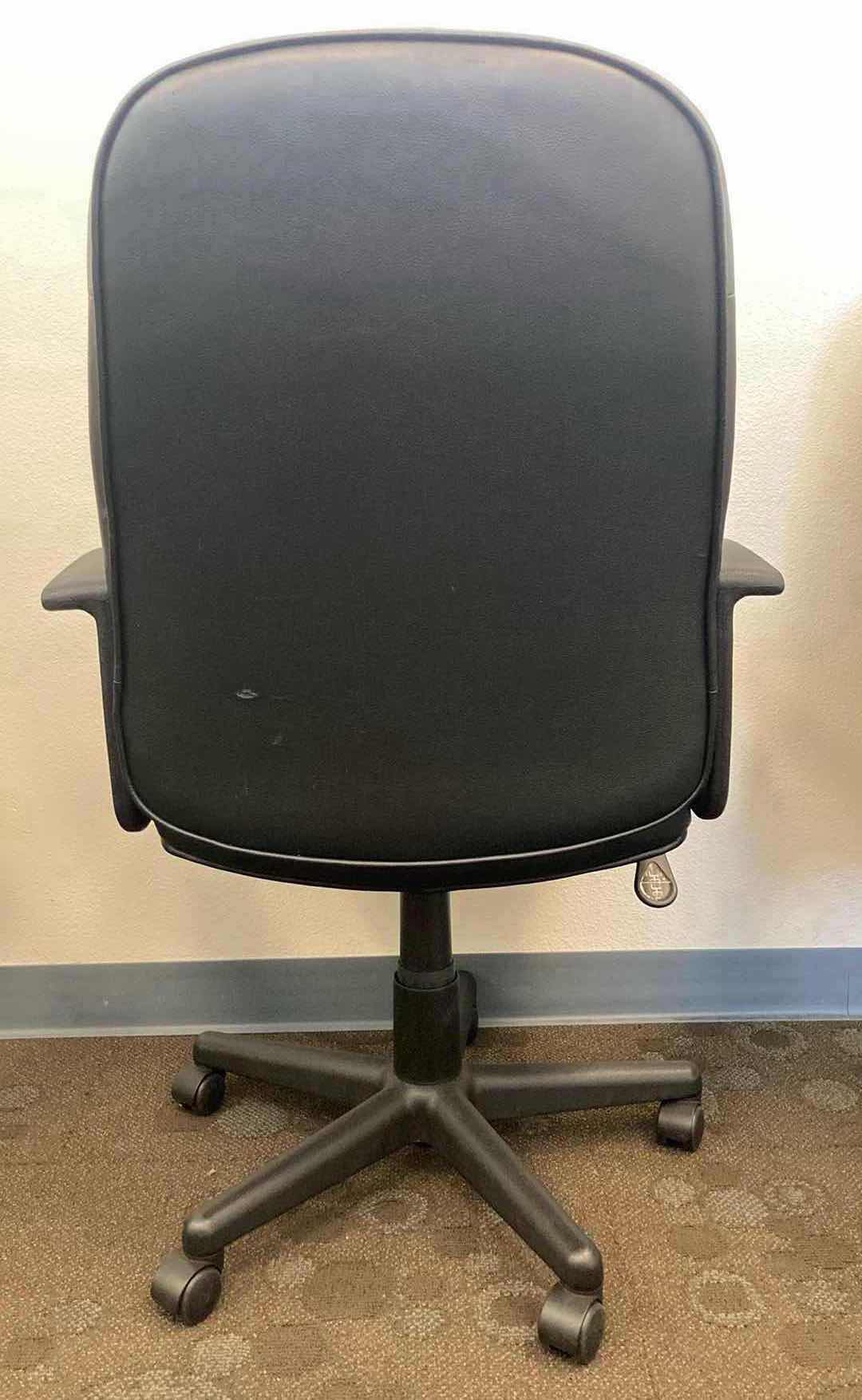 Photo 1 of HON BASYX BLACK LEATHER HIGH BACK SWIVEL OFFICE CHAIR 33.5” X 26” H38-43”