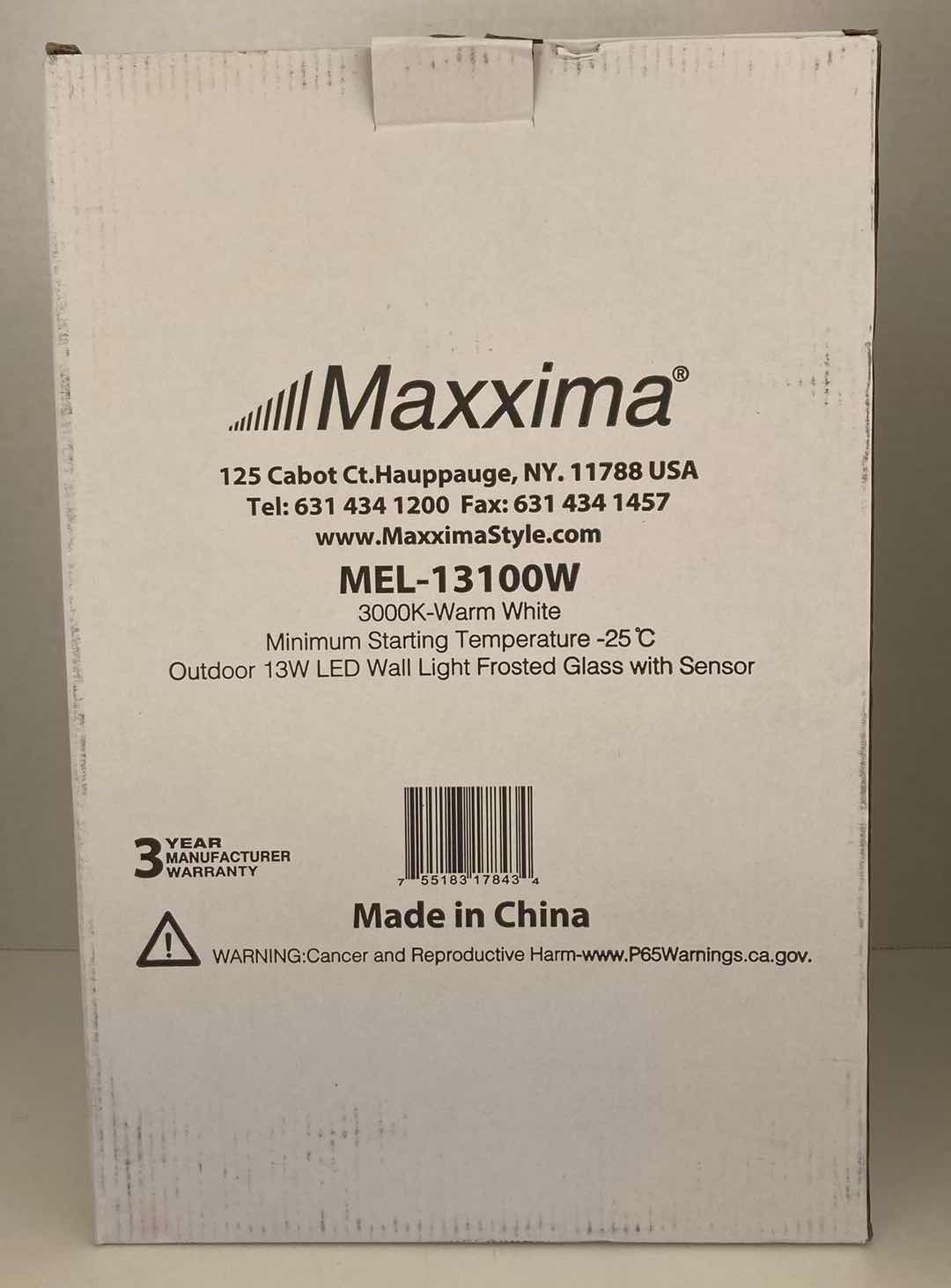 Photo 1 of MAXXIMA OUTDOOR 13W LED WALL LIGHT FIXTURE W FROST GLASS & SENSOR MODEL MEL-13100W 7.9” X 9.4” H14.3”