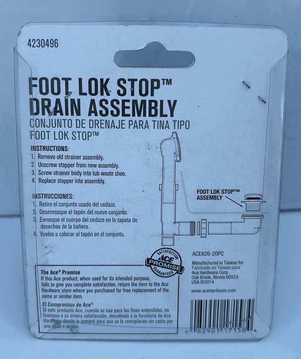 Photo 1 of NEW ACE HARDWARE CHROME FOOT LOK STOP DRAIN ASSEMBLY, 1.5” TIP TOE STYLE