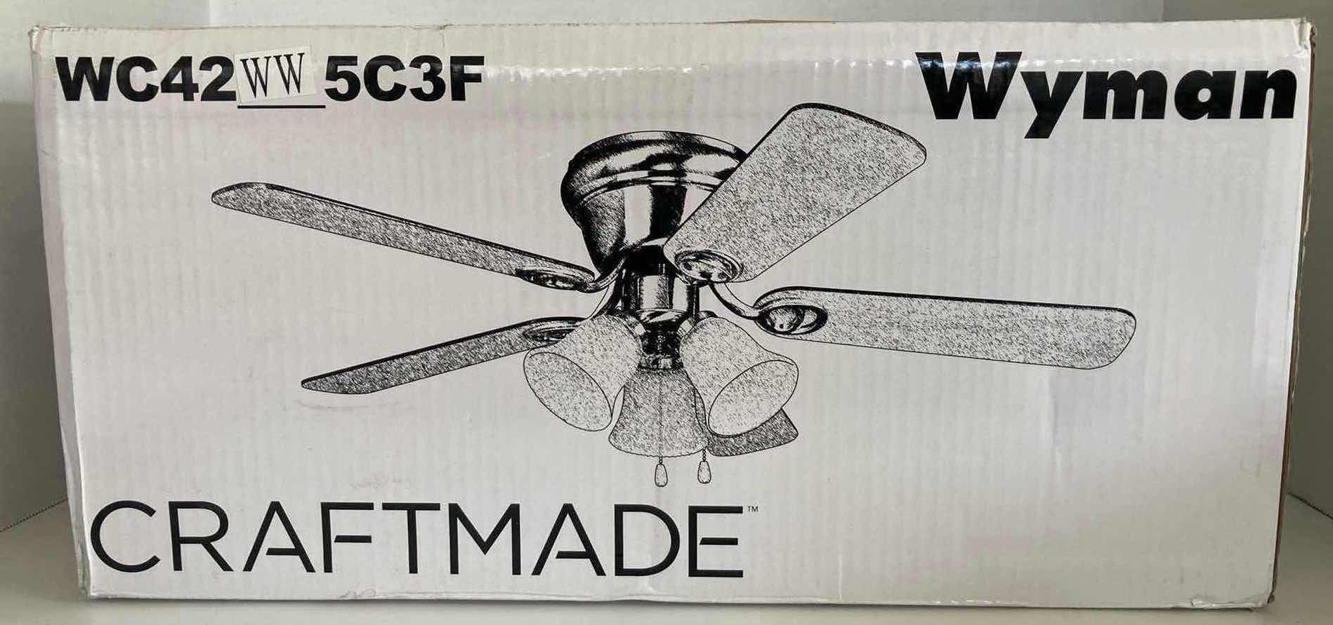 Photo 1 of CRAFTMADE 42” WYMAN 3-LIGHT WHITE WASHED OAK BLADES & WHITE FROSTED GLASS SHADES CEILING FAN