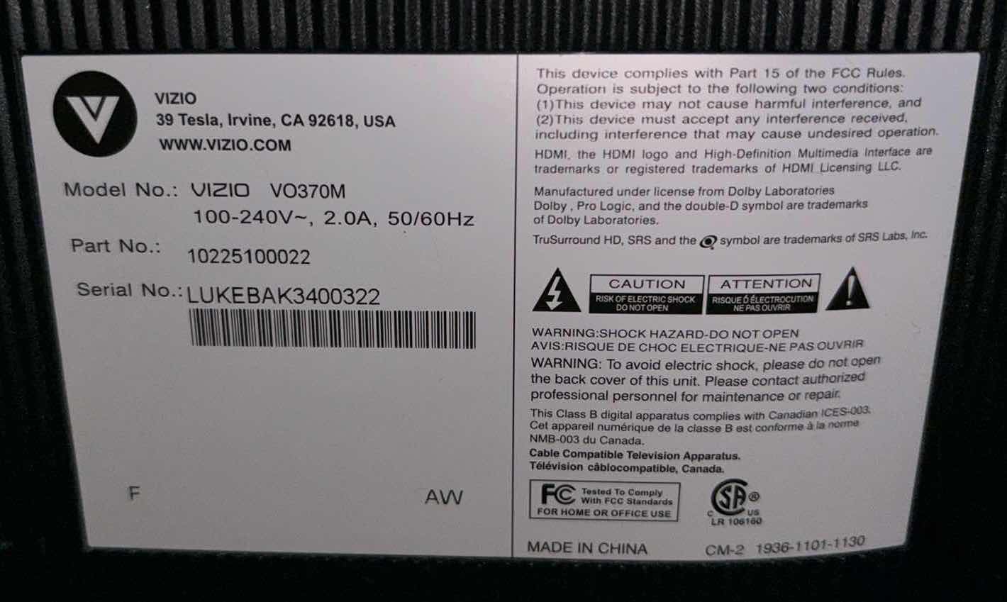 Photo 1 of VIZIO 37” LCD DISPLAY HDTV 1080P (MODEL VO370M)