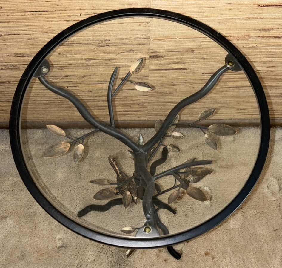 Photo 1 of PIER 1 IMPORTS PERCHED BIRD BRONZE/BROWN ACCENT ROUND TABLE W GLASS TOP 14” X 14” H24”