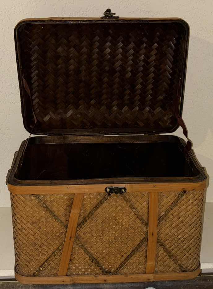 Photo 1 of VINTAGE HINGED WICKER WOVEN STORAGE CHEST TRUNK SET OF 2