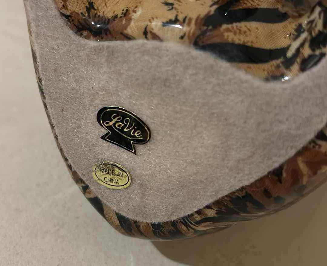 Photo 1 of MID CENTURY LA VIE CERAMIC TRUNK UP ELEPHANT FIGURINE W SAFARI ANIMAL PATCHWORK PRINT (2 PCS)