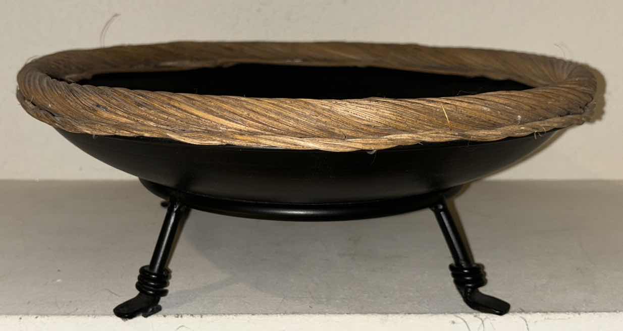 Photo 1 of VINTAGE HAND PAINTED FIRED CLAY ORBS W LEOPARD PRINT (3 SIZES) IN METAL/WICKER 14.5” DISH