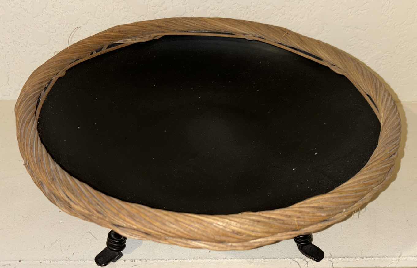 Photo 1 of VINTAGE HAND PAINTED FIRED CLAY ORBS W LEOPARD PRINT (3 SIZES) IN METAL/WICKER 14.5” DISH