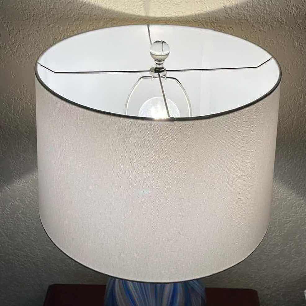 Photo 1 of POSSINI EURO DESIGN TAYLOR MODERN MULTI-COLOR ART GLASS BASE WHITE DRUM SHADE LAMP