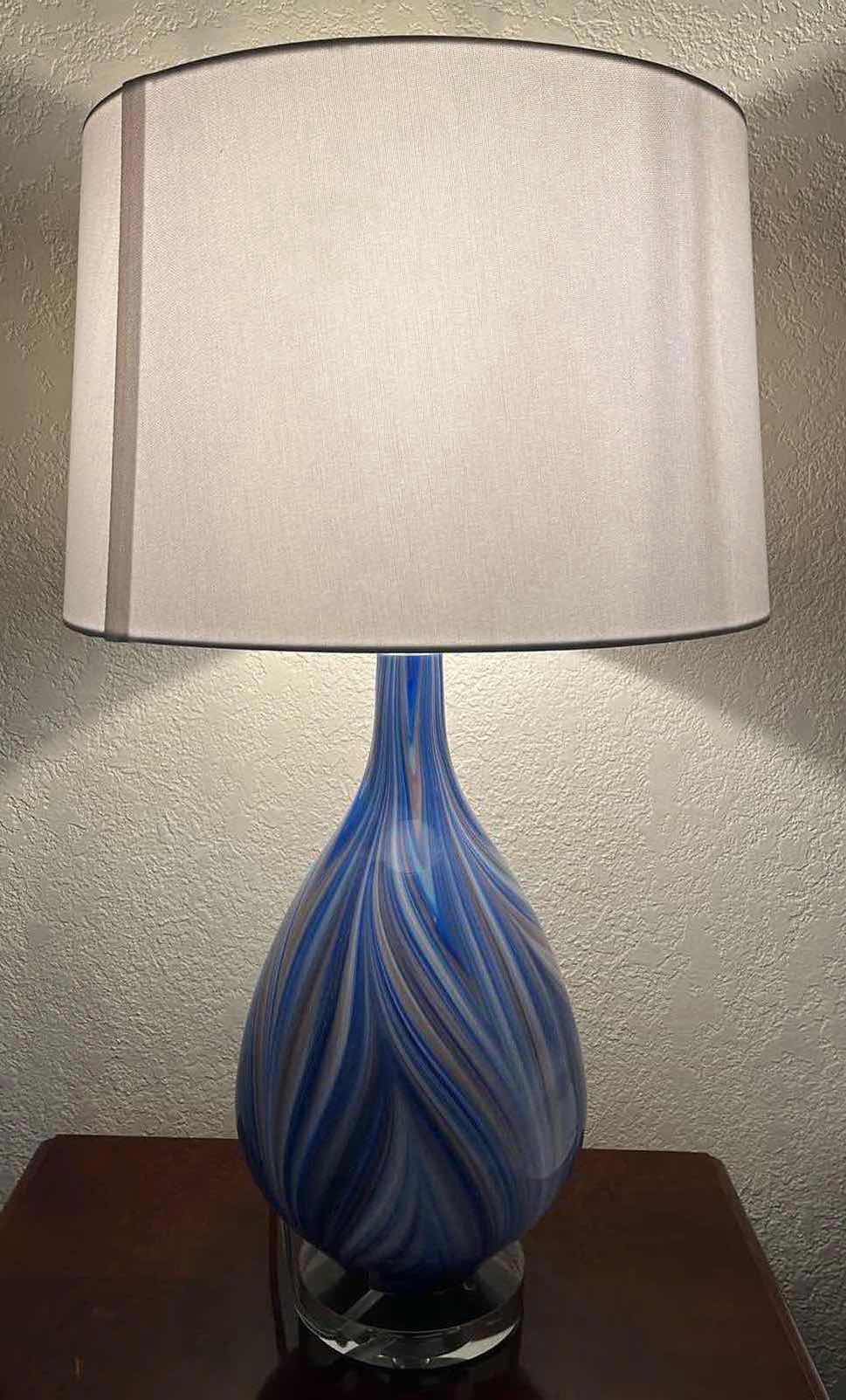 Photo 1 of POSSINI EURO DESIGN TAYLOR MODERN MULTI-COLOR ART GLASS BASE WHITE DRUM SHADE LAMP