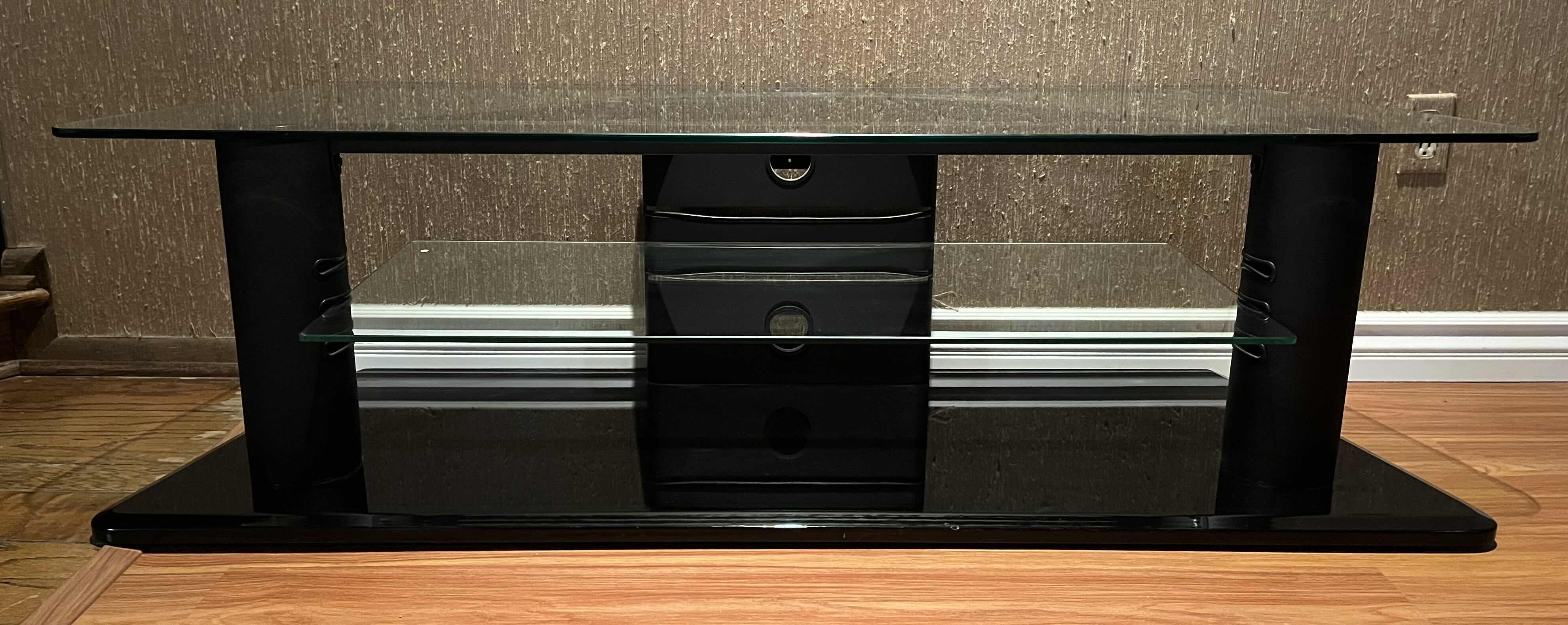 Photo 1 of BLACK METAL FRAME TEMPERED GLASS SHELF TV STAND ENTERTAINMENT CENTER W ADJUSTABLE SHELF 61” X 21” H17.75”