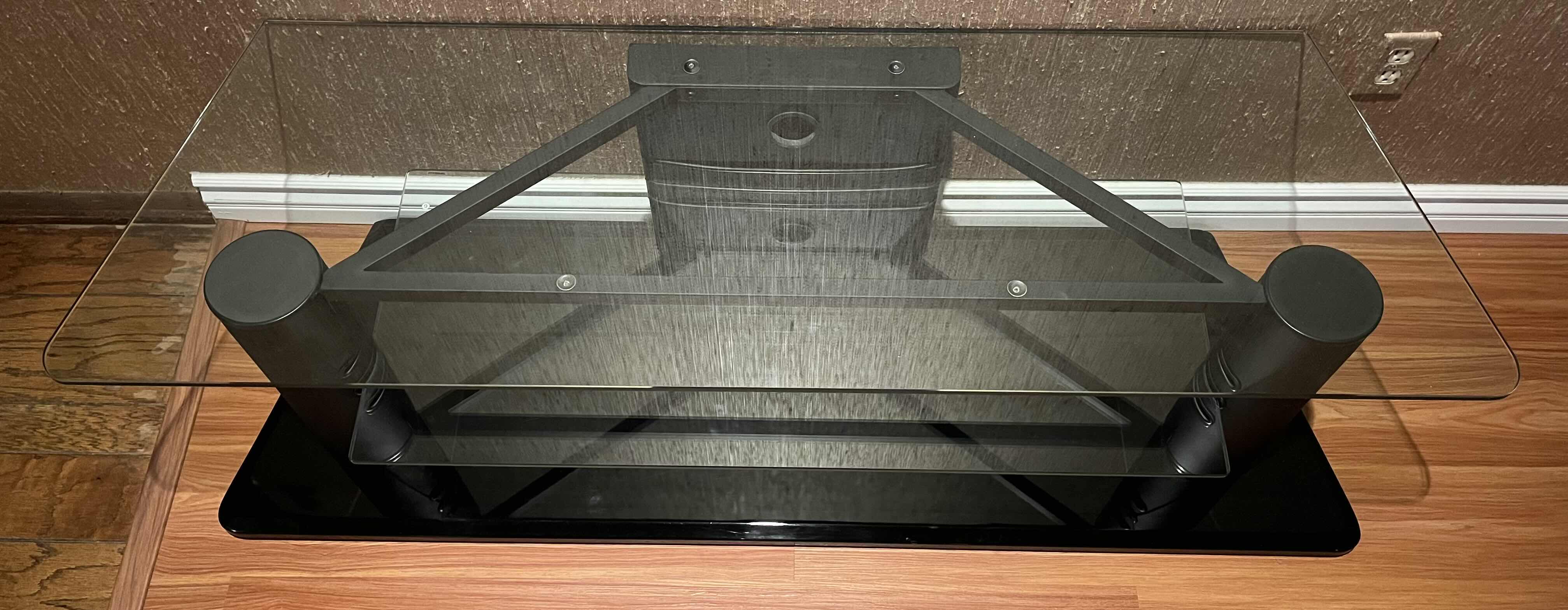 Photo 1 of BLACK METAL FRAME TEMPERED GLASS SHELF TV STAND ENTERTAINMENT CENTER W ADJUSTABLE SHELF 61” X 21” H17.75”