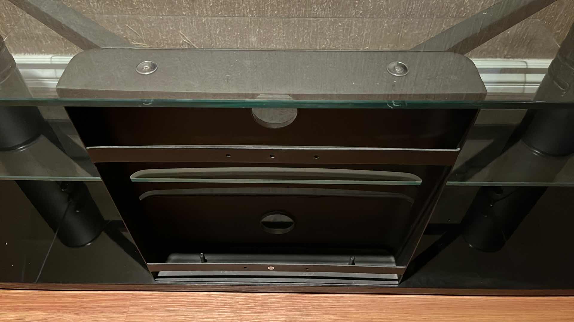 Photo 1 of BLACK METAL FRAME TEMPERED GLASS SHELF TV STAND ENTERTAINMENT CENTER W ADJUSTABLE SHELF 61” X 21” H17.75”