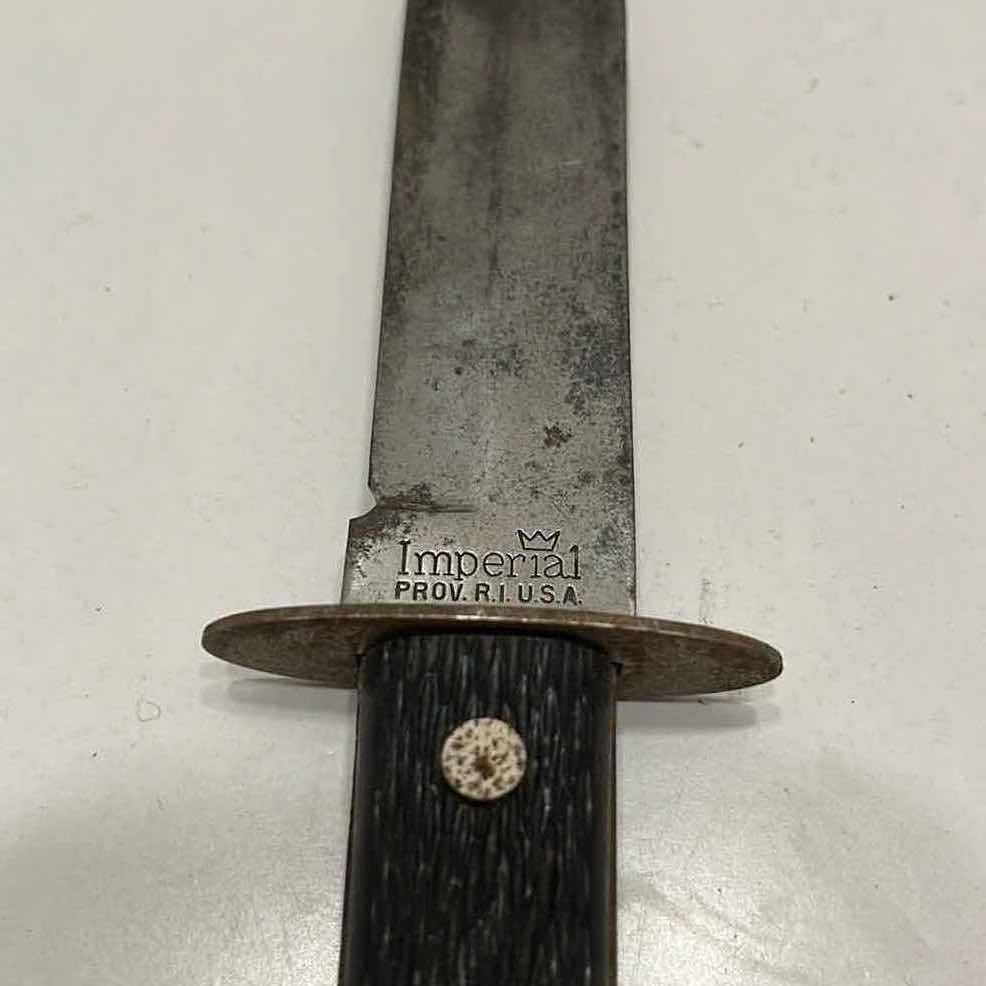 Photo 1 of IMPERIAL 9” FIXED BLADE KNIFE & AUG MULLER 10” FOLDING KNIFE W LEATHER DUAL SCABBARD