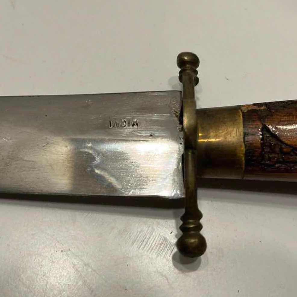 Photo 1 of INDIAN CARVED WOOD BRASS HANDLE FIXED CURVED BLADE KNIFE W WOOD CARVED SCABBARD 2.25” X 10.5”