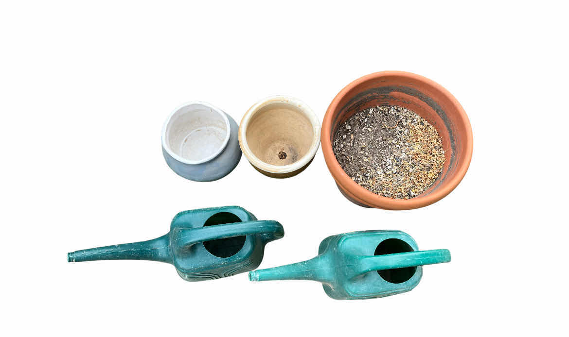 Photo 1 of CERAMIC PLANTERS (3) & 2 WATERING CANS