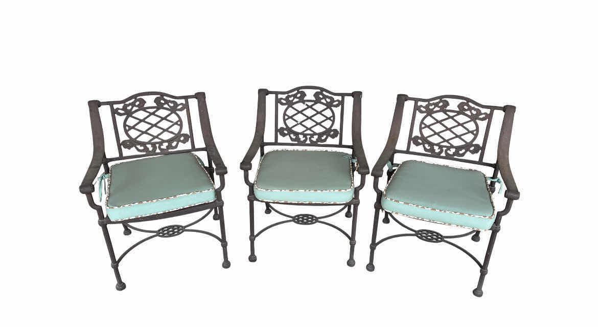Photo 1 of MID-CENTURY ORNATE DESIGN WROUGHT IRON PATIO TABLE & 3 CHAIRS (READ NOTES)