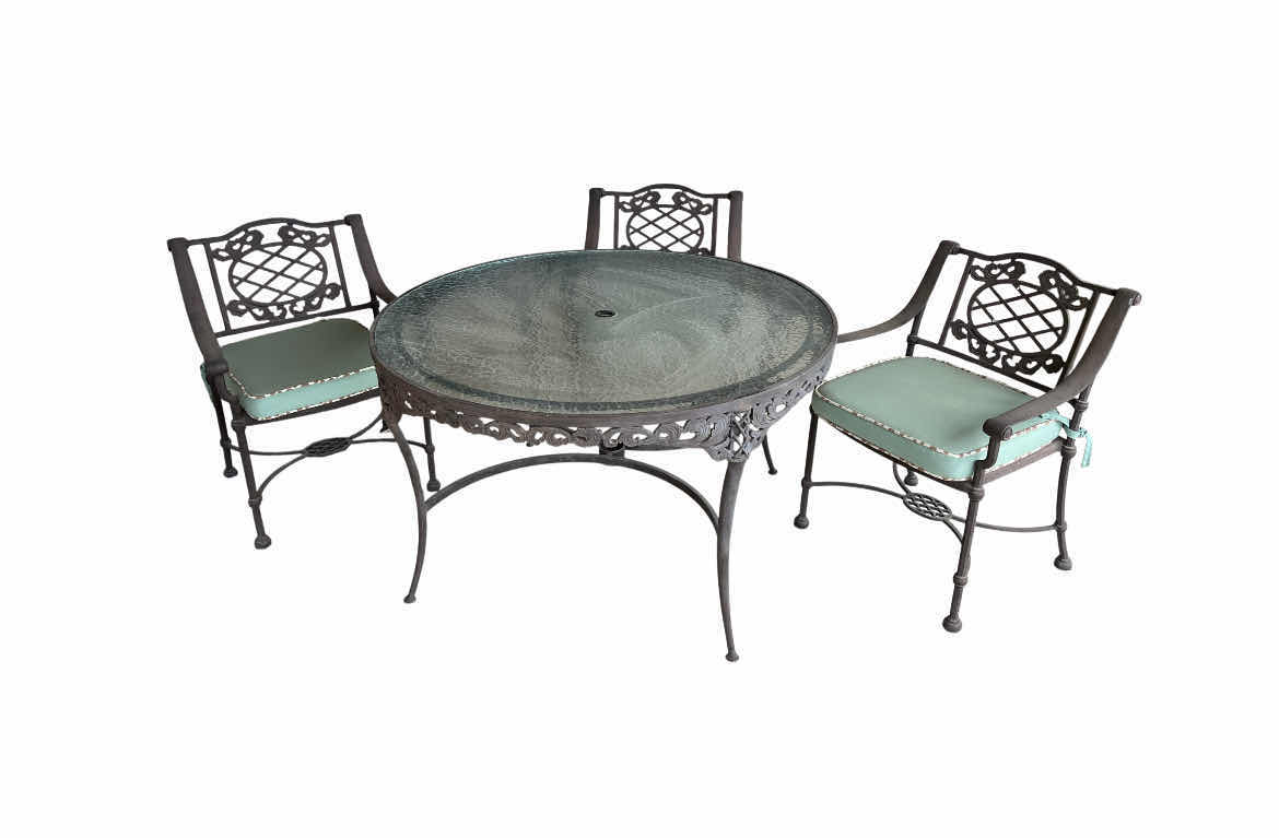 Photo 1 of MID-CENTURY ORNATE DESIGN WROUGHT IRON PATIO TABLE & 3 CHAIRS (READ NOTES)