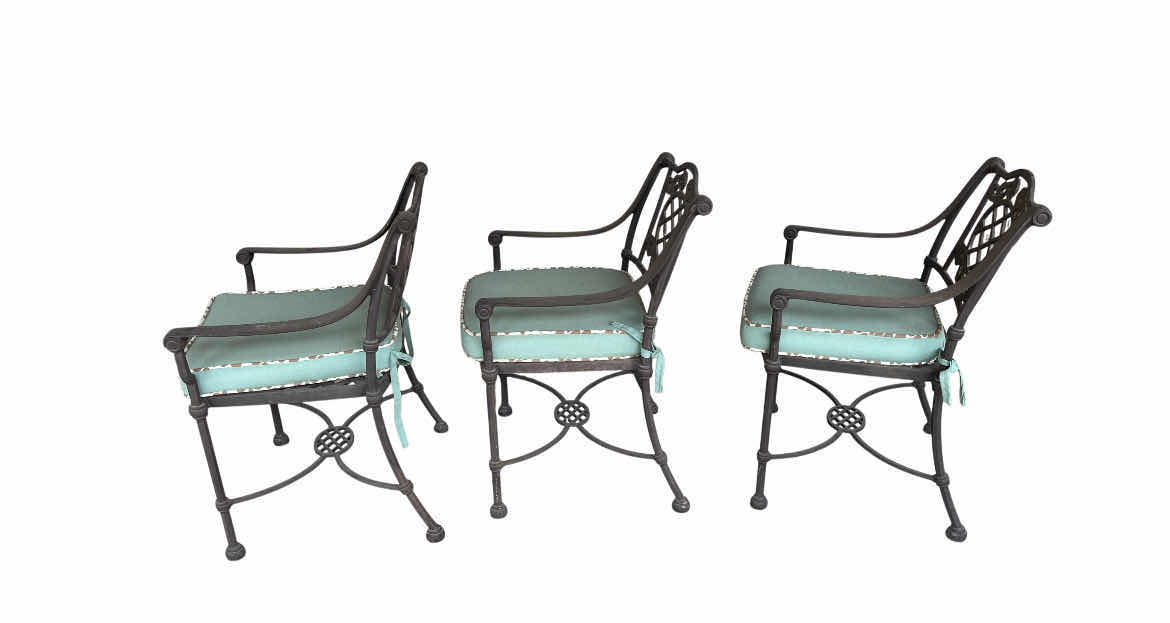 Photo 1 of MID-CENTURY ORNATE DESIGN WROUGHT IRON PATIO TABLE & 3 CHAIRS (READ NOTES)