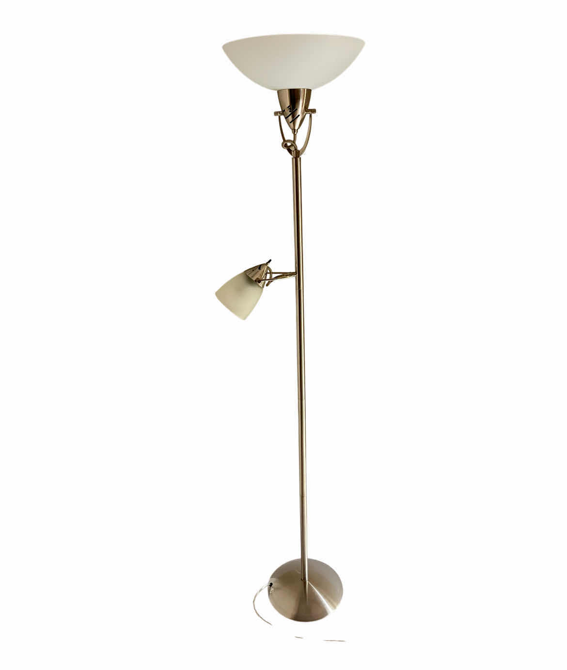 Photo 1 of BRUSHED STEEL FROSTED SHADE DUAL FLOOR LAMP 11” X 71”