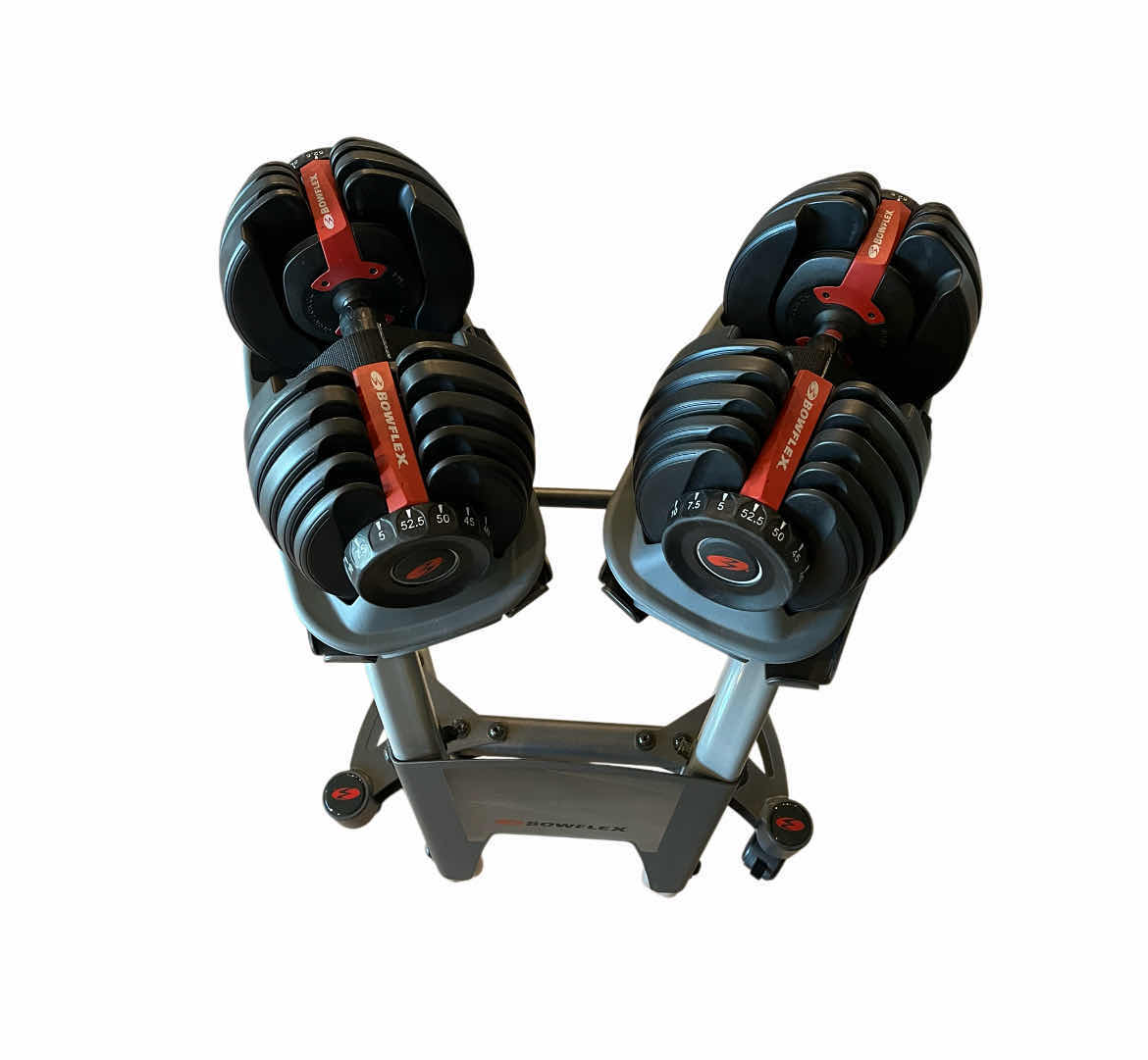 Photo 1 of BOWFLEX SERIES 552 SELECT TECH 5LBS-52.5LBS ADJUSTABLE DUMBBELL SET W SELECT TECH ROLLING STAND