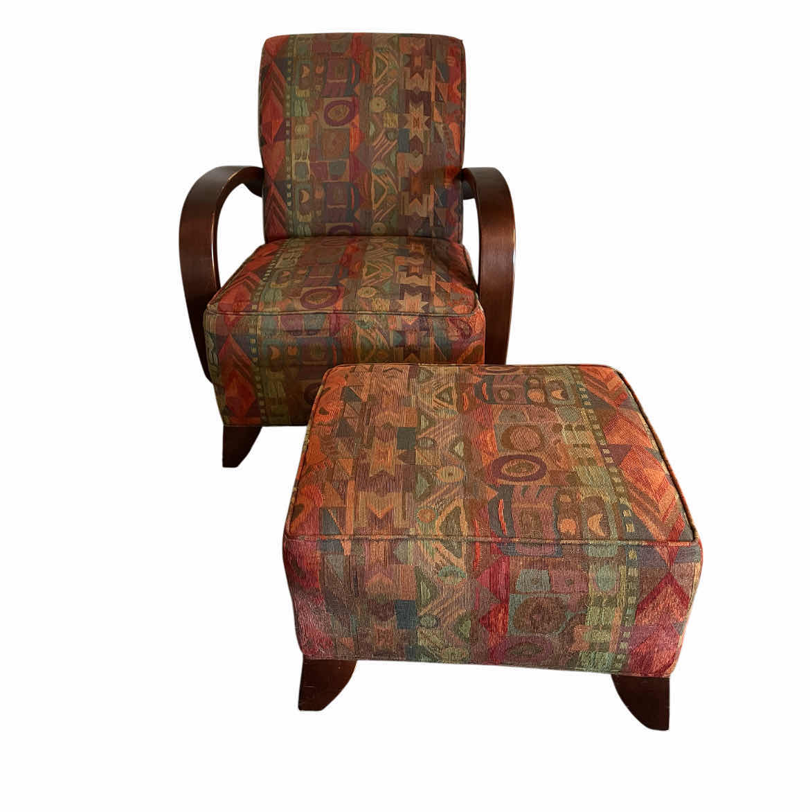 Photo 1 of SOUTHWESTERN TRIBAL PATTERN UPHOLSTERED WOOD ACCENTED OVERSIZED ARMCHAIR W OTTOMAN