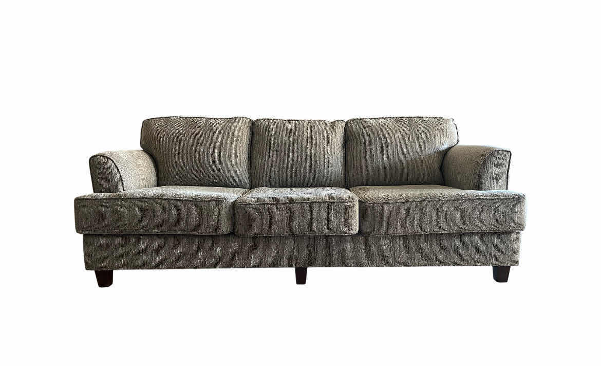 Photo 2 of HUGES JOHNSON COLLECTION LIGHT GRAY CORDUROY SOFA W 2 THROW PILLOWS 88” X 37” H34”