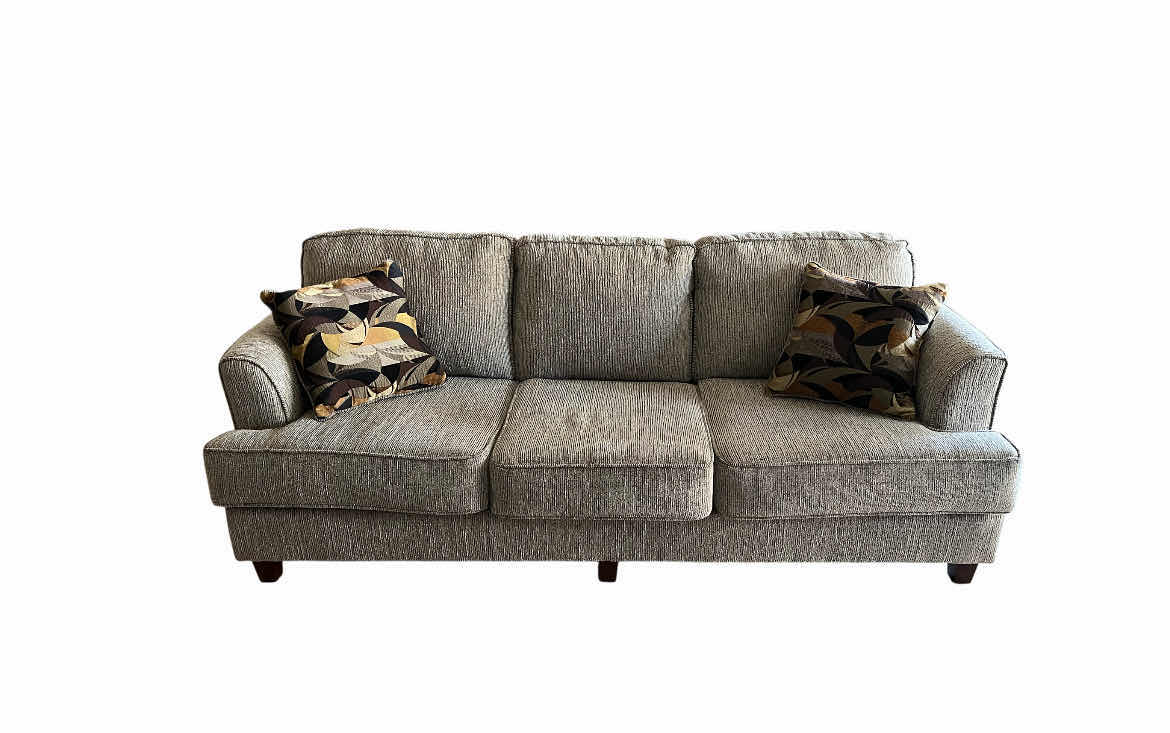 Photo 1 of HUGES JOHNSON COLLECTION LIGHT GRAY CORDUROY SOFA W 2 THROW PILLOWS 88” X 37” H34”