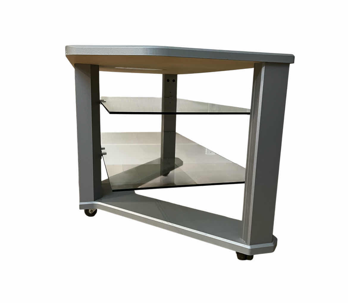 Photo 1 of TECHCRAFT SILVER MATTE GLASS SHELF ROLLING TV STAND 41.75” X 21.5 H23.5”