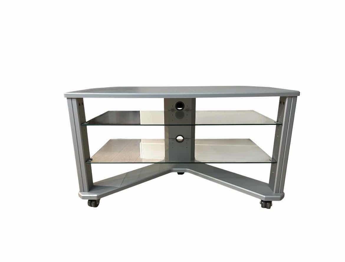 Photo 1 of TECHCRAFT SILVER MATTE GLASS SHELF ROLLING TV STAND 41.75” X 21.5 H23.5”