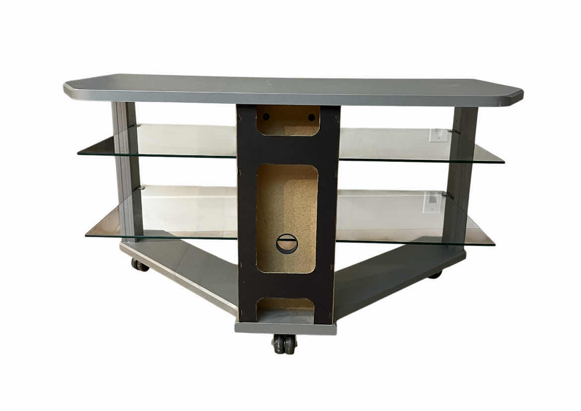 Photo 1 of TECHCRAFT SILVER MATTE GLASS SHELF ROLLING TV STAND 41.75” X 21.5 H23.5”
