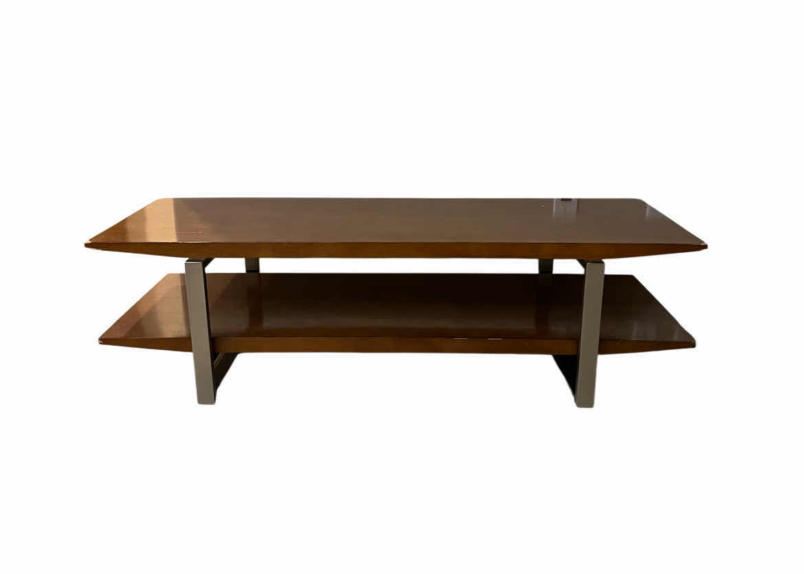 Photo 1 of 2 TIER WOOD SLAB BRUSHED STEEL FRAME COFFEE TABLE 54” X 22.5” H15.5”