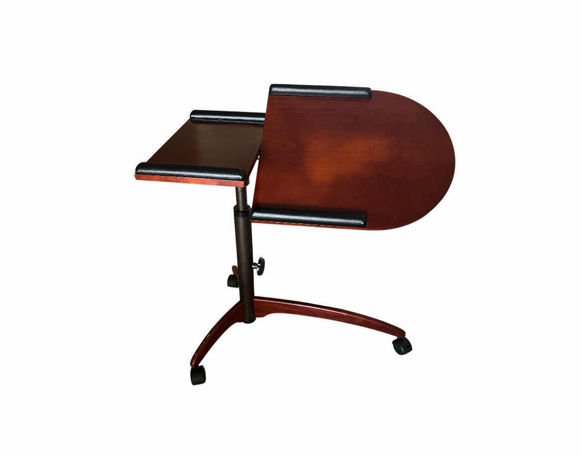 Photo 2 of MAHOGANY FINISH ROLLING LAPTOP WORK STATION 29” X 16” H26”-35”