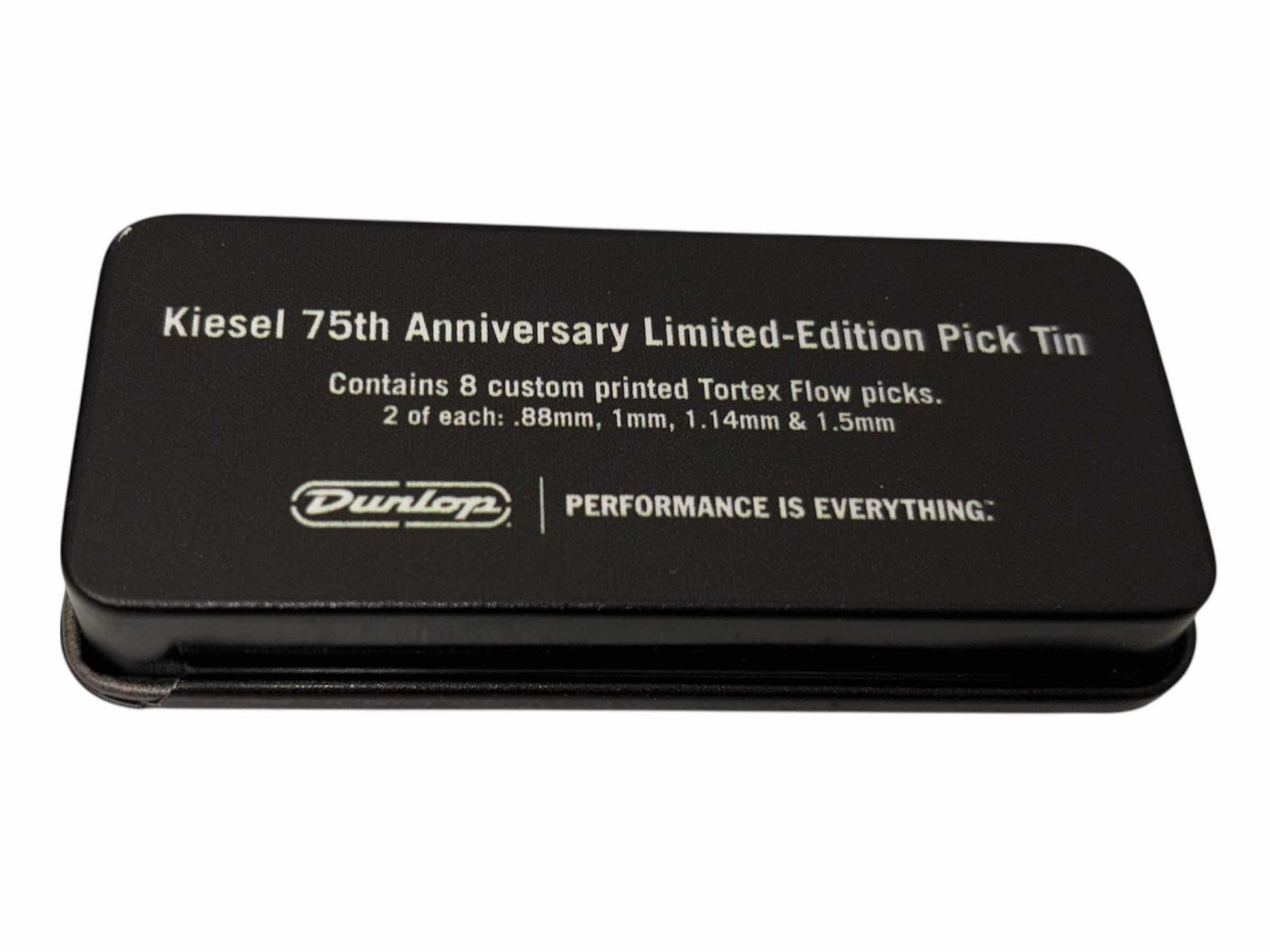 Photo 1 of KIESEL 75TH ANNIVERSARY LIMITED-EDITION PICK TIN, 2 OF EACH .88mm 1mm 1.14mm 1.5mm