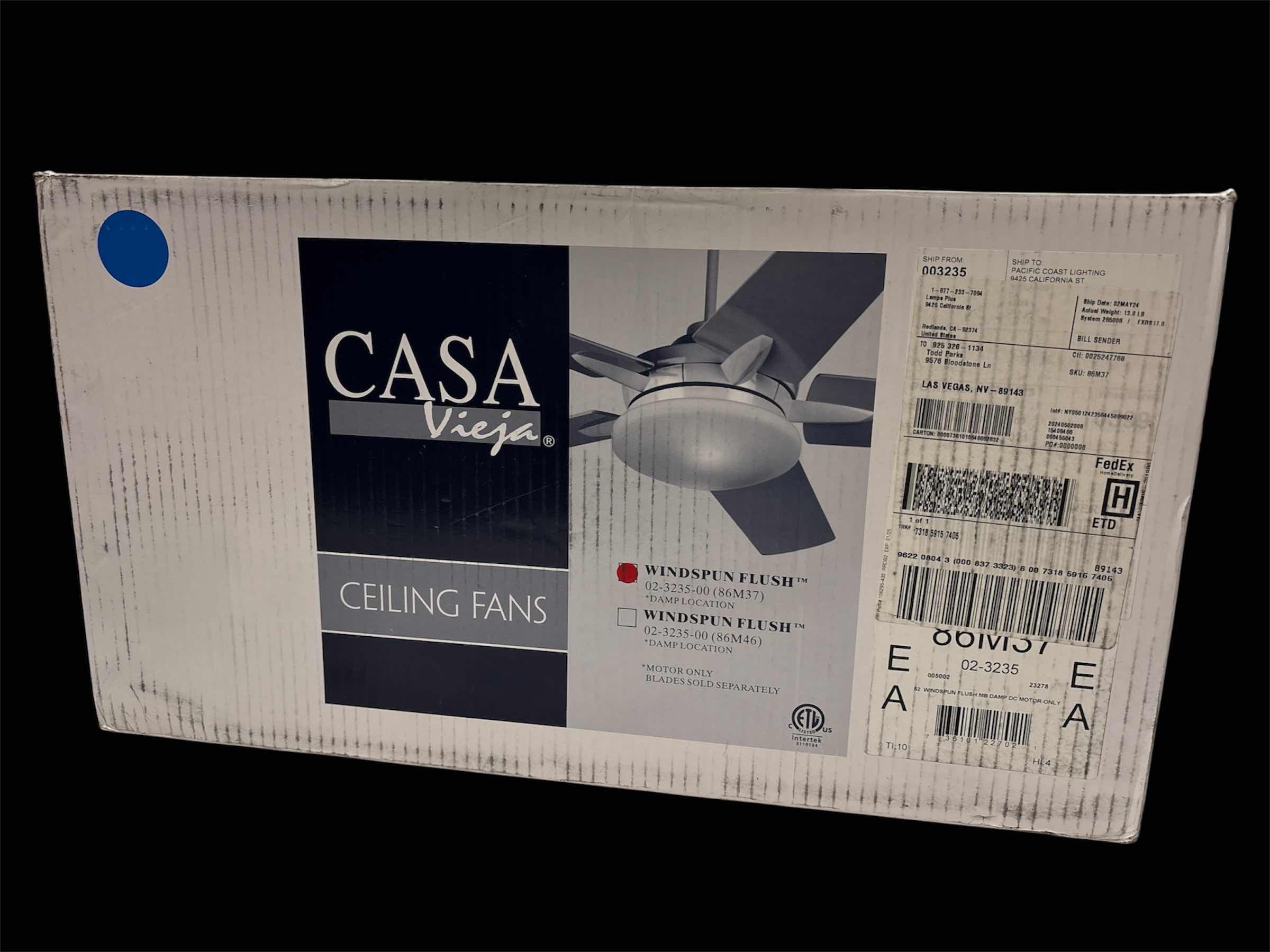 Photo 1 of NEW CASA VIEJA 52” WINDSPUN FLUSH MATTE BLACK CEILING FAN, *DAMP LOCATION 86M37 (MOTOR ONLY, BLADES SOLD SEPARATELY)