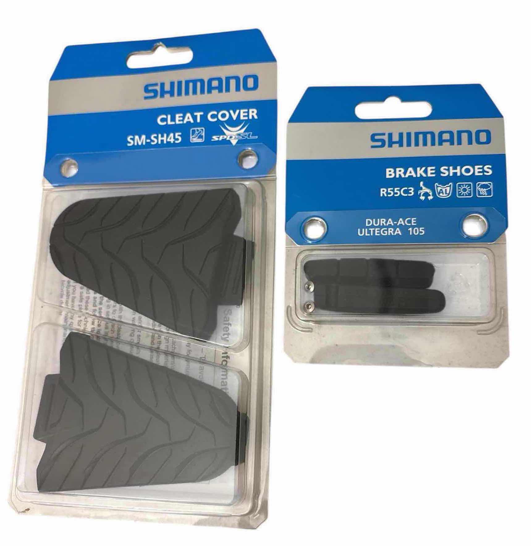 Photo 1 of NEW SHIMANO CLEAT COVERS SM-SH45 & SHIMANO BRAKE SHOES R55C3 DURA-ACE ULTEGRA 105