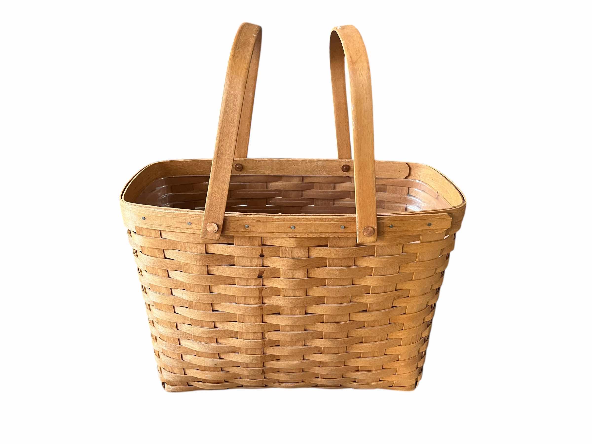 Photo 1 of LONGABERGER DARK STAIN HAND WOVEN 2 HANDLE MAGAZINE BASKET W PROTECTOR INSERT 15.75” X 8.5” H11”