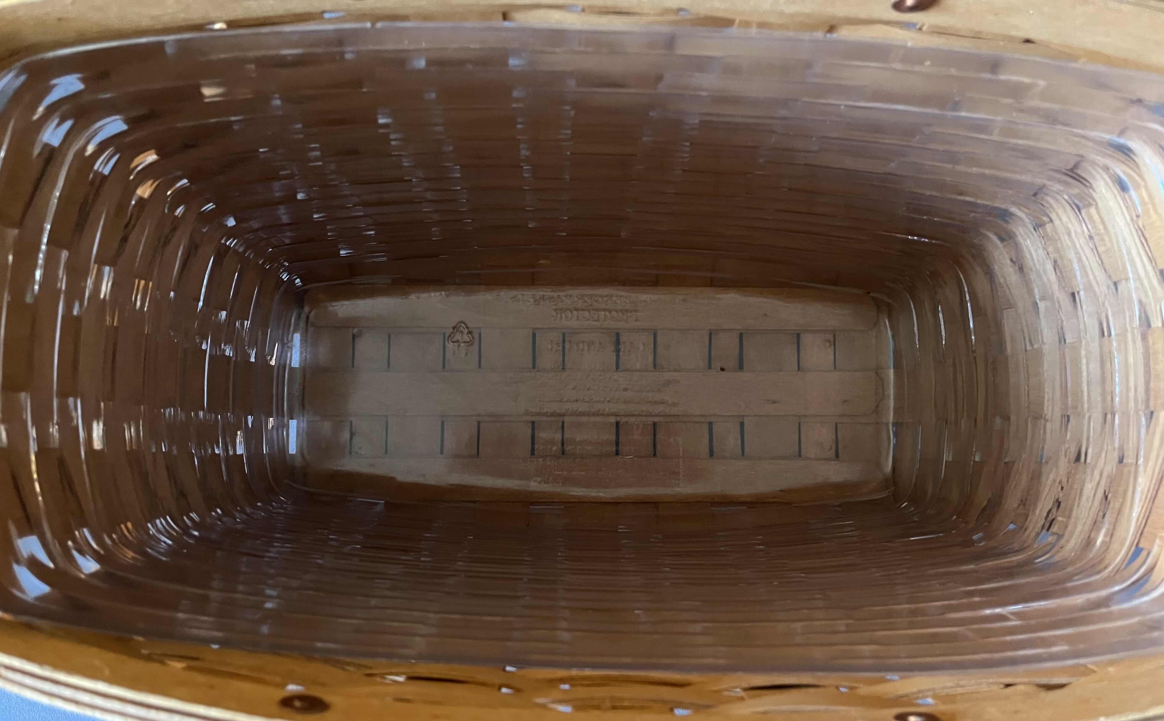 Photo 1 of LONGABERGER DARK STAIN HAND WOVEN 2 HANDLE MAGAZINE BASKET W PROTECTOR INSERT 15.75” X 8.5” H11”