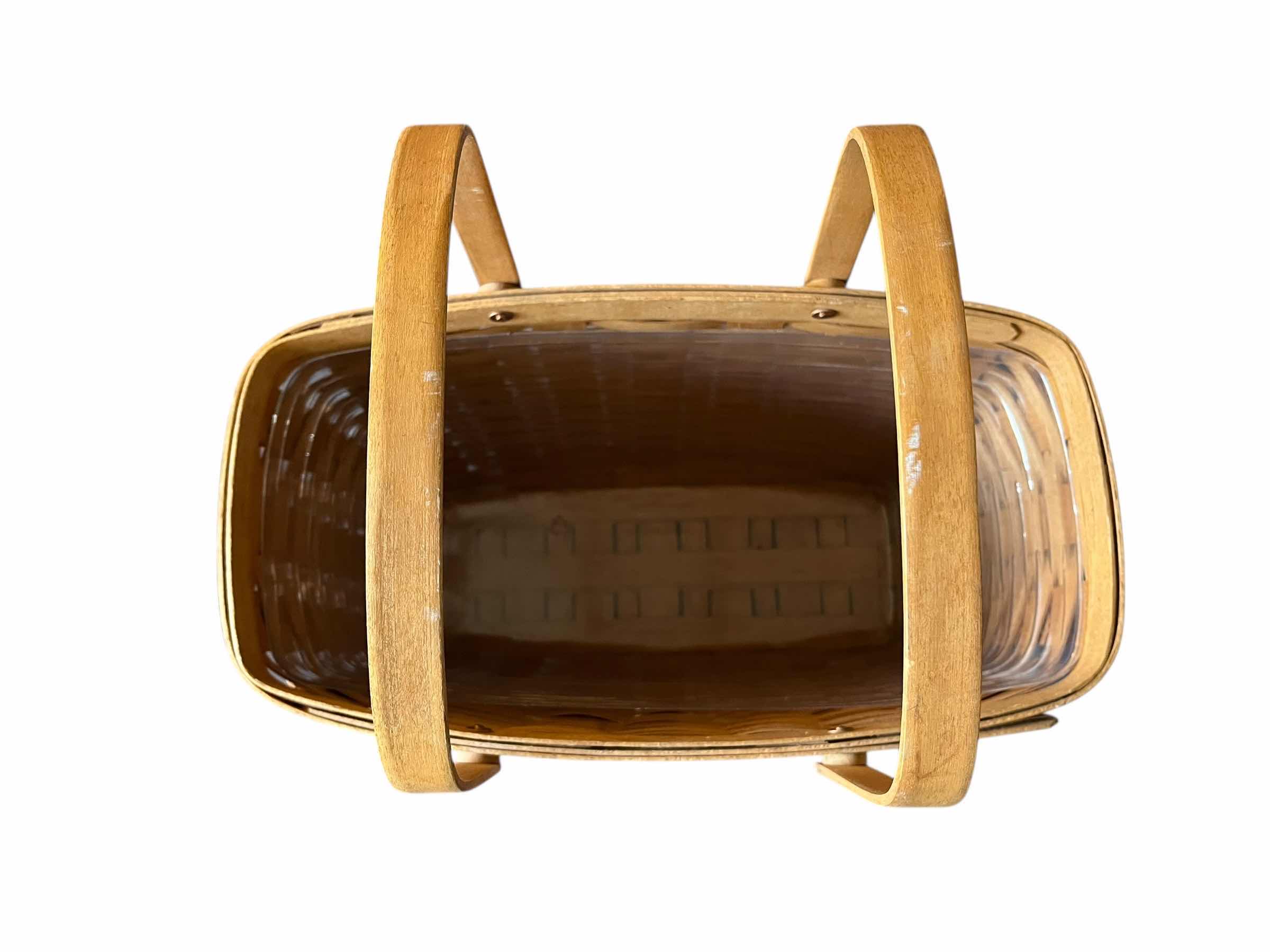 Photo 1 of LONGABERGER DARK STAIN HAND WOVEN 2 HANDLE MAGAZINE BASKET W PROTECTOR INSERT 15.75” X 8.5” H11”